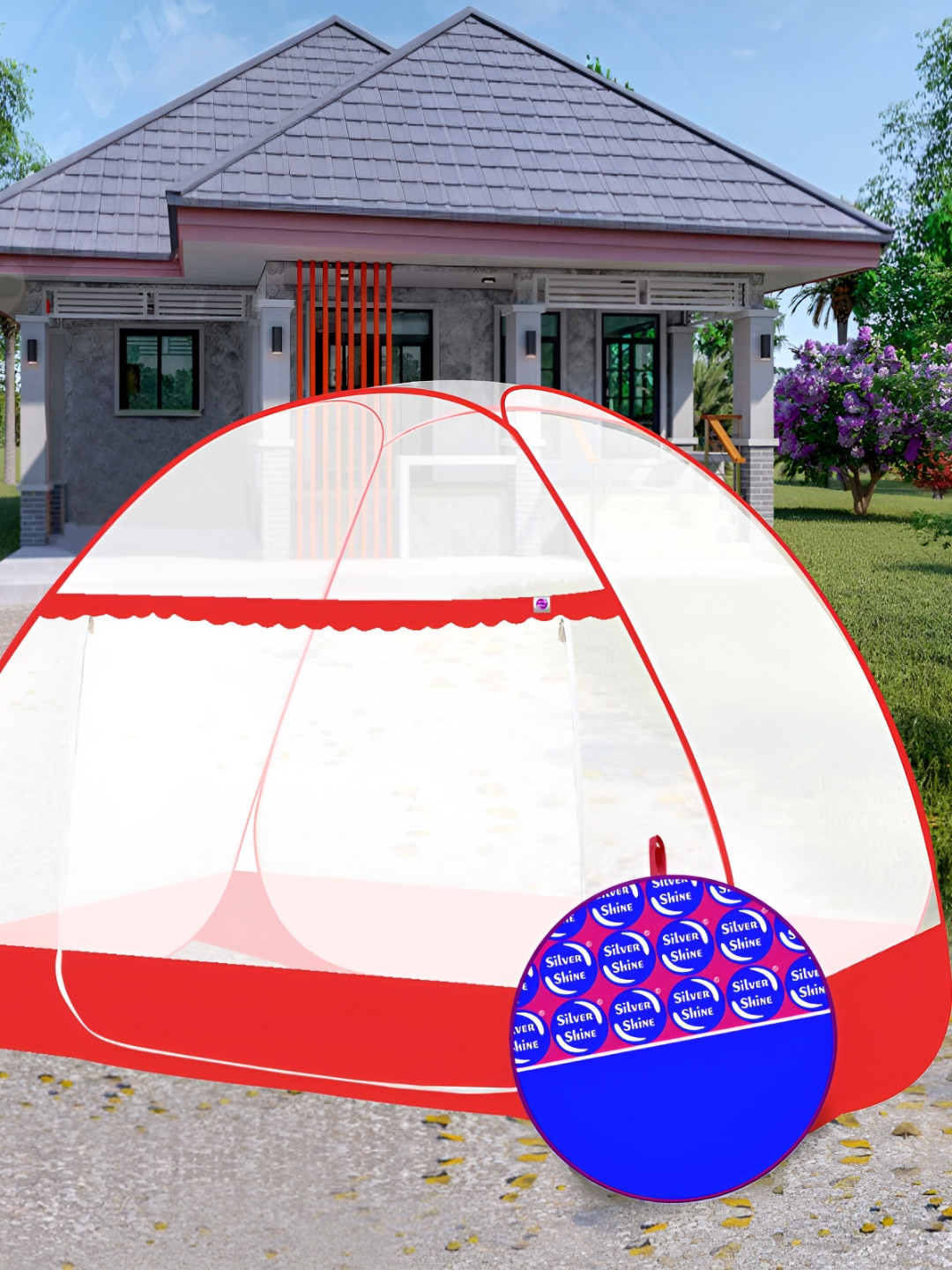 Silver Shine Red And White King Size Tent Mosquito Net