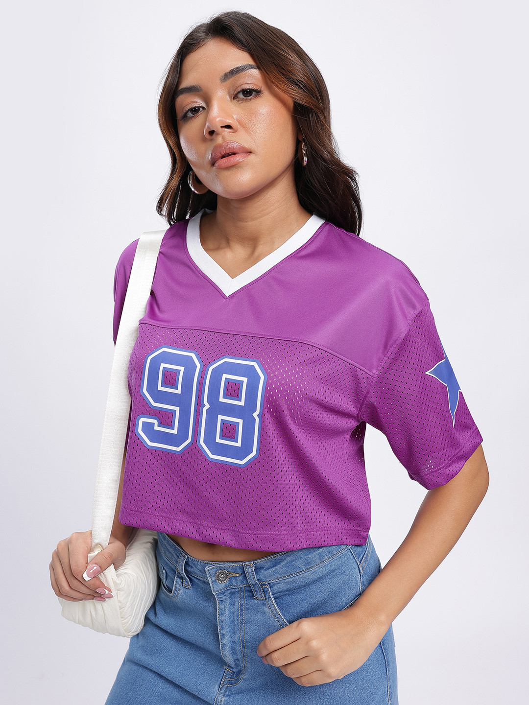 glitchez Typohraphy Printed Boxy Fit V-Neck Crop T-shirt