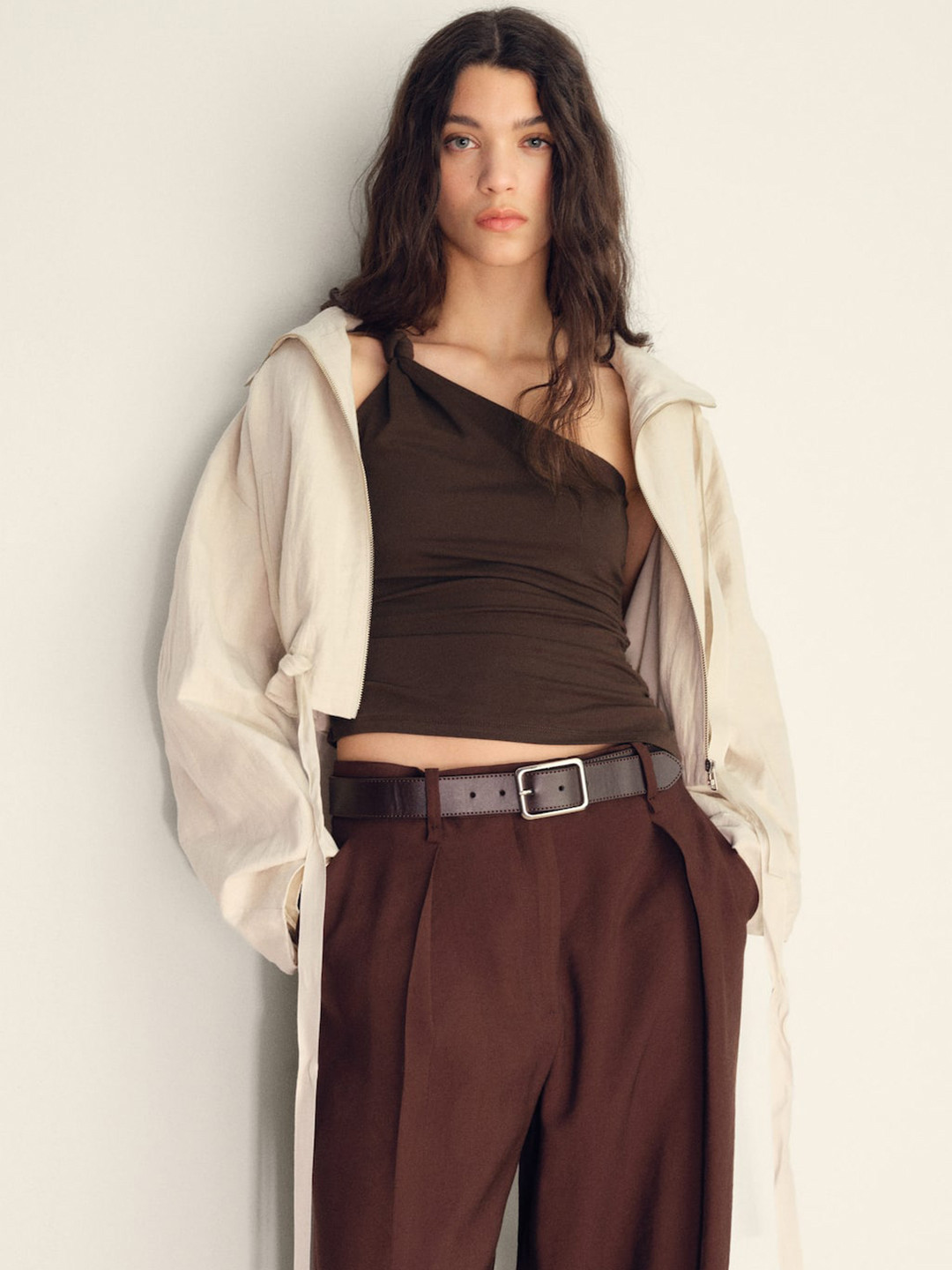 MANGO Ruched Effect One Shoulder Knot Detail Fitted Crop Asymmetric Hem Top