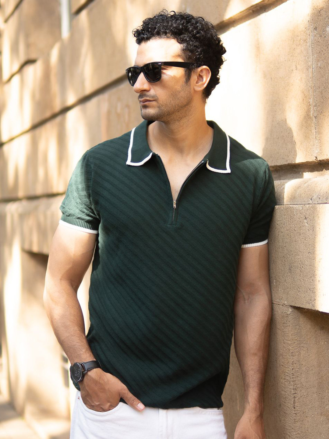 Powerlook Men Diagonal Knit Polo Collar Cotton T-shirt