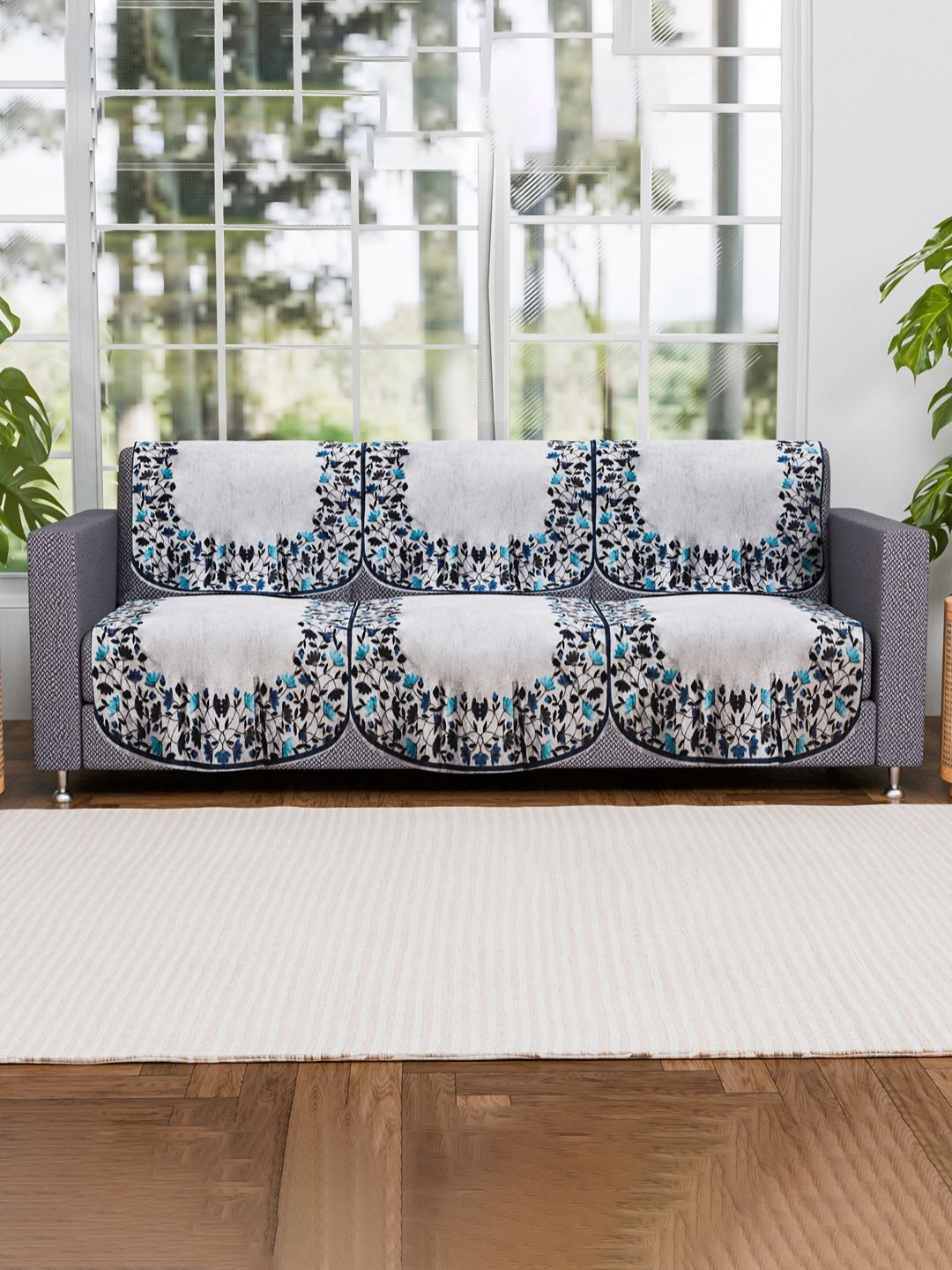 Aura Unisex Grey & Blue Embroidered Cotton Sofa Cover