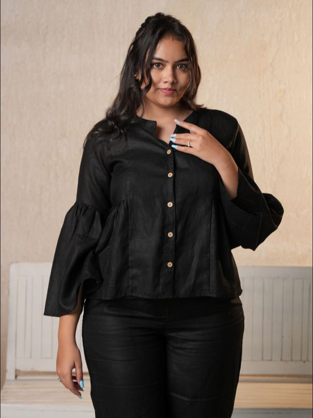 Pratha-house of linen Women Mandarin Collar Bell Sleeve Linen Shirt Style Top