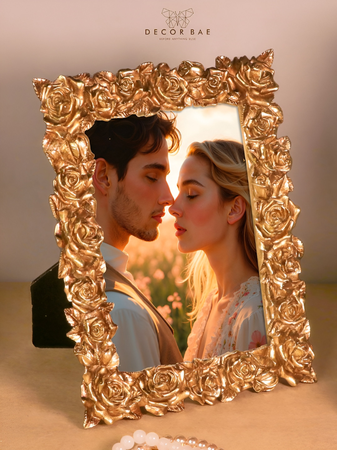 DECOR BAE Golden Rose Design Resin Vintage Table Photo Frame