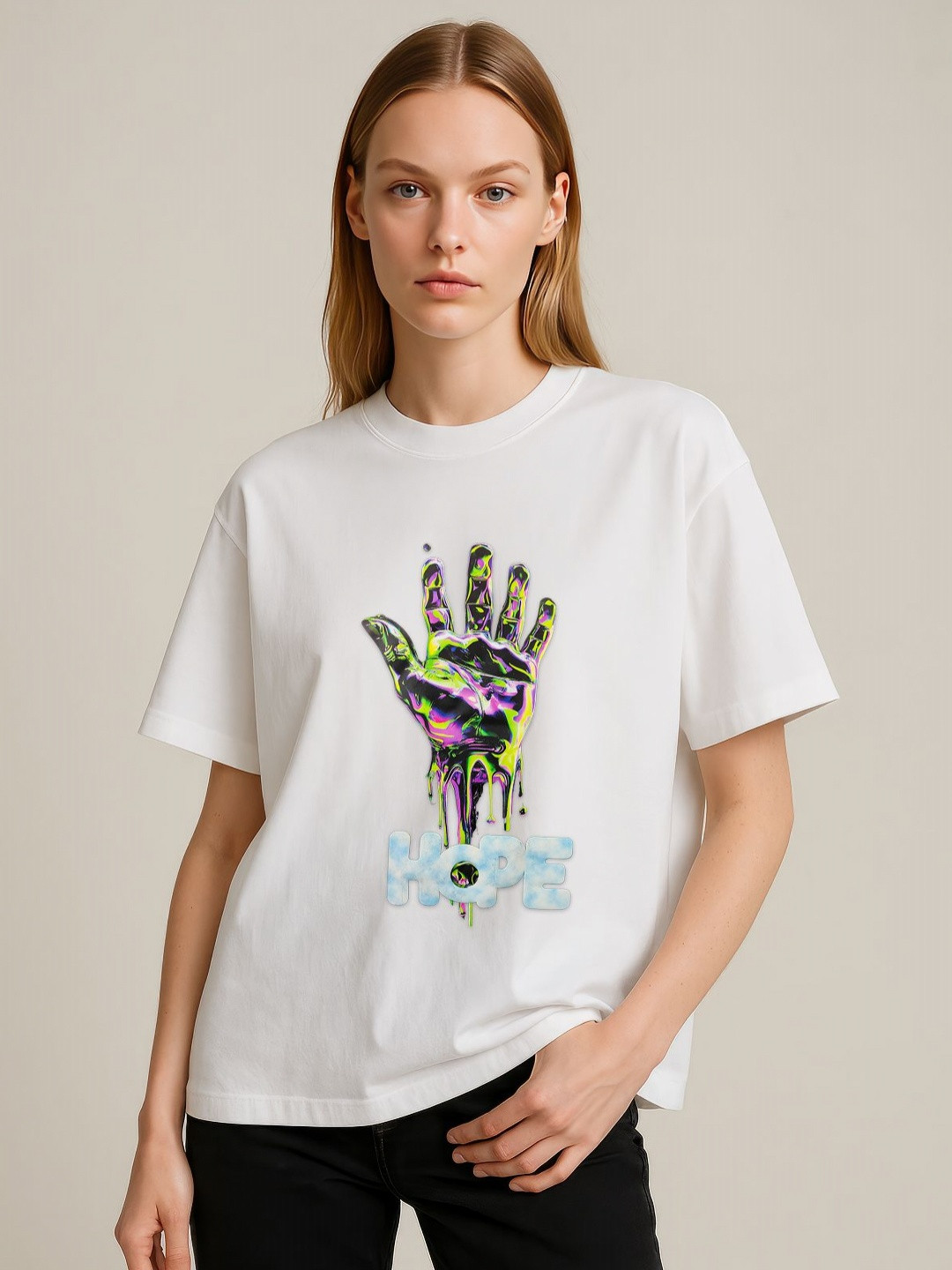 GRACE & JACK Women Hope 3D Text Graphic Print Round Neck Cotton Oversized T-shirt