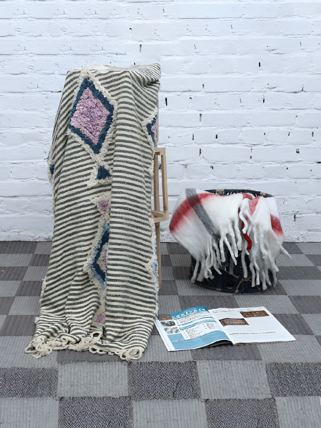 Weave Abode Beige & Grey Pure Cotton Striped Tufted Throws