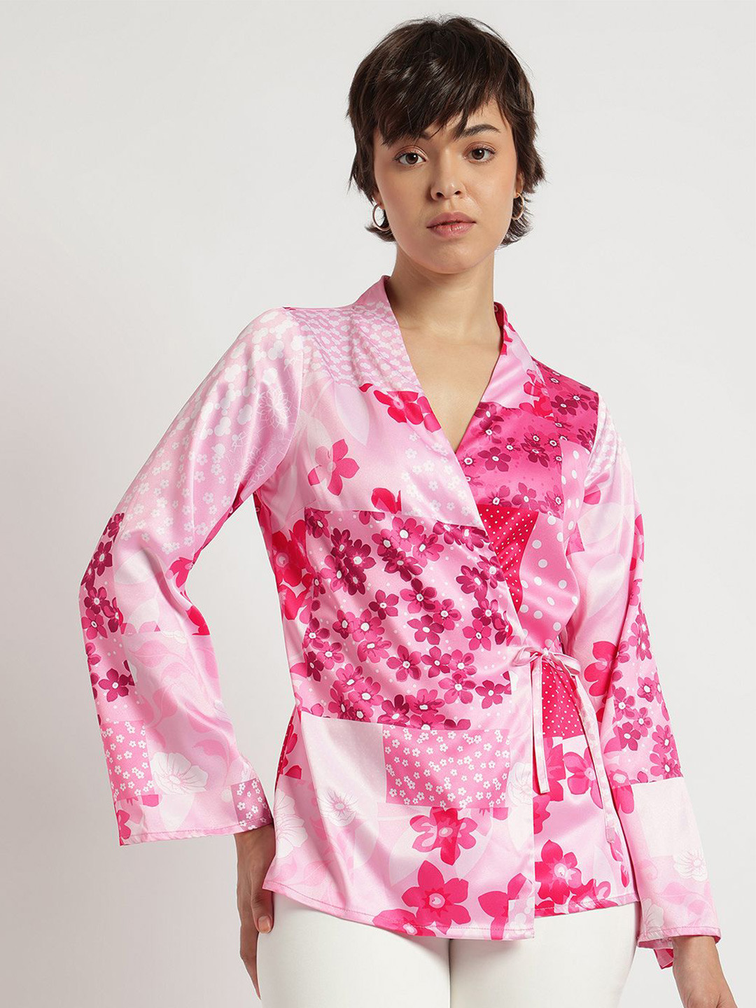 FABLE STREET Print Flared Sleeve Satin Wrap Pink Top