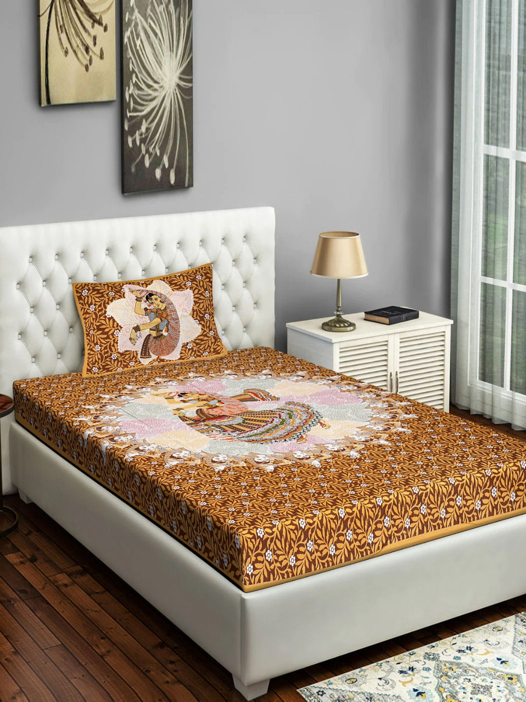 POORAK Gold Ethnic Motifs Cotton Breathable 104 TC Single Coarse Bedsheet with a Pillow Cover-63 x 90 inches