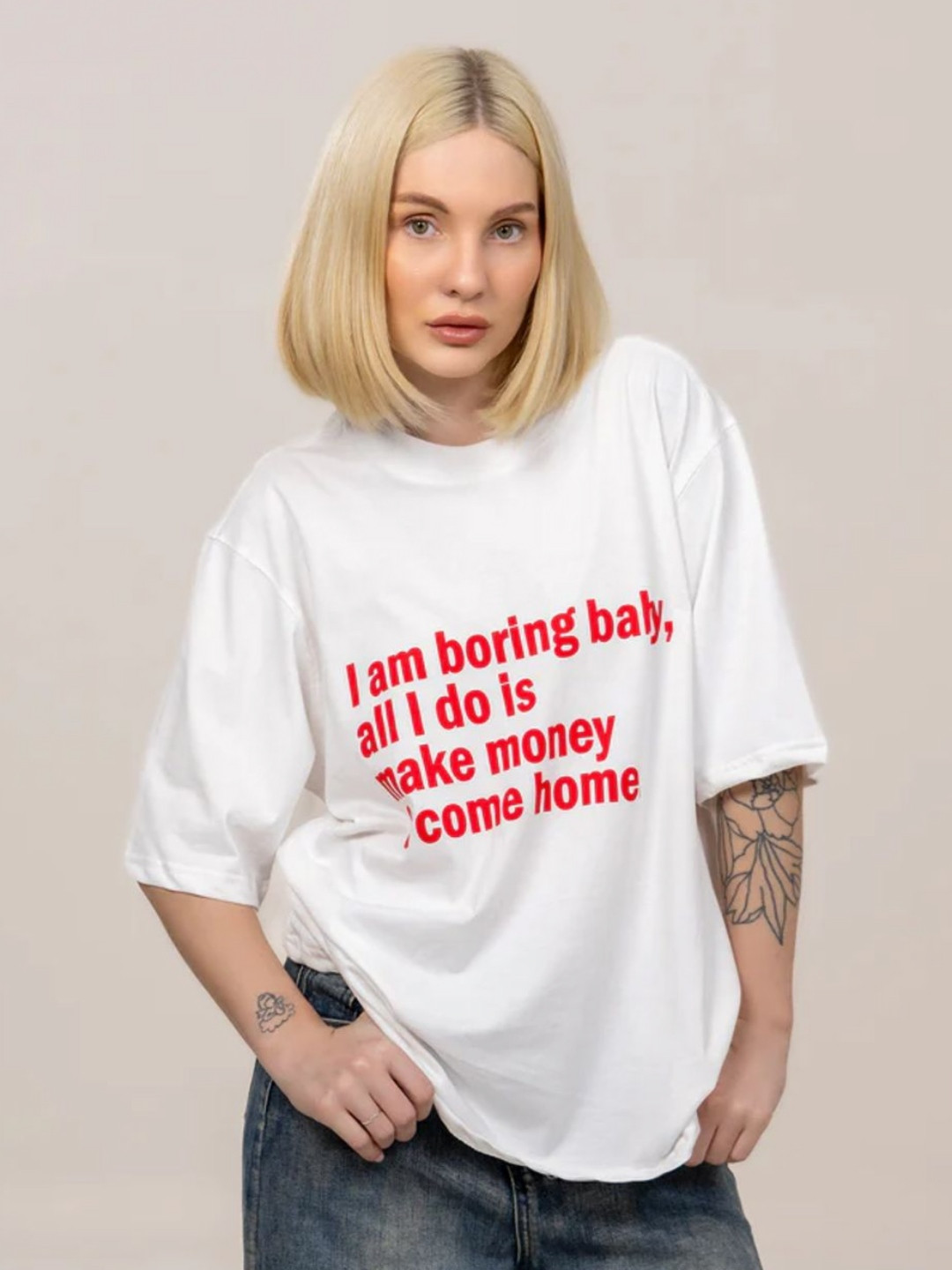 Peach Boring Hustler Typography Printed Bio Finish Round Neck Oversized T-shirt