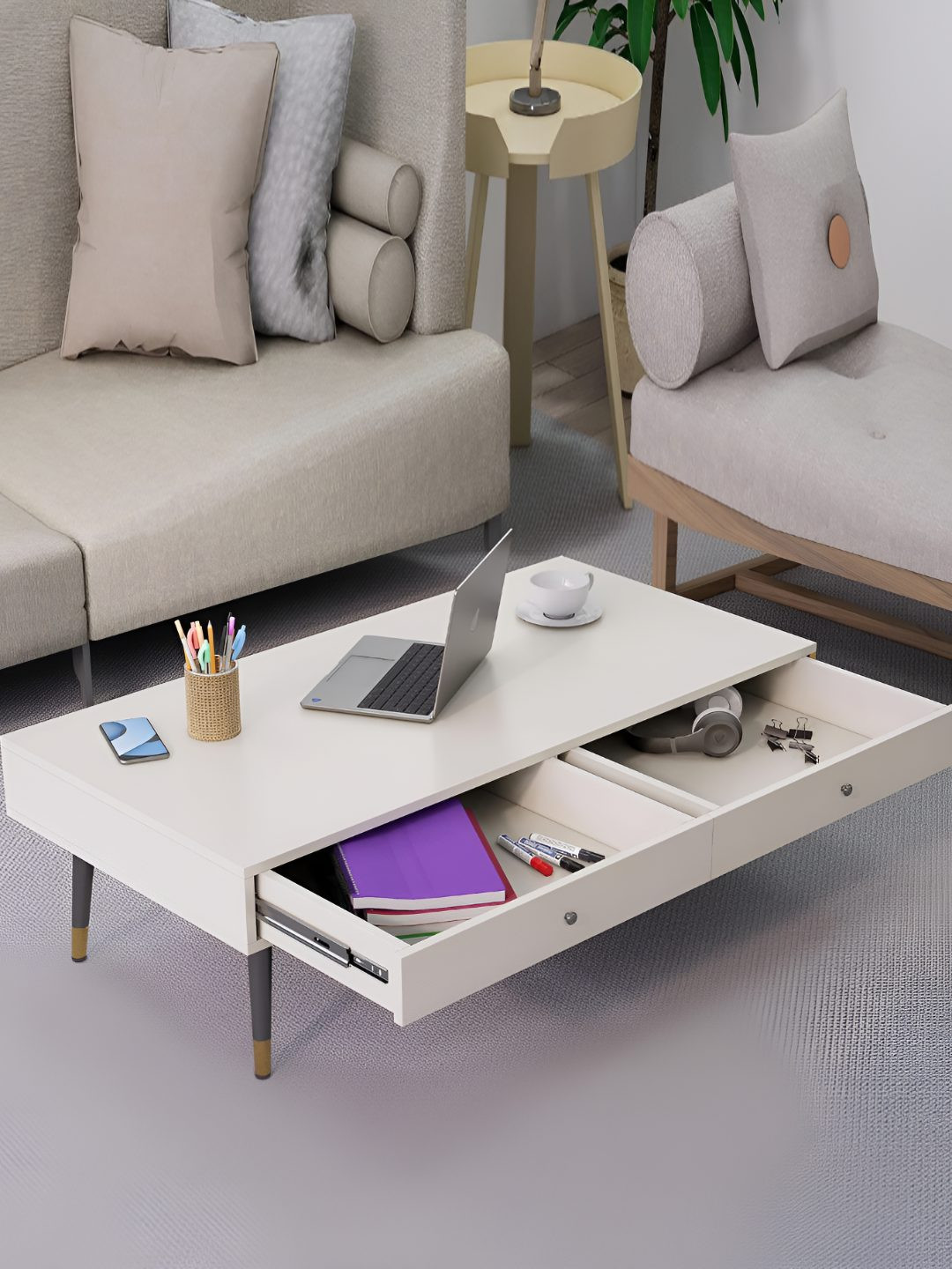 HEXA RED White & Grey Textured Wooden Rectangle Coffee Table