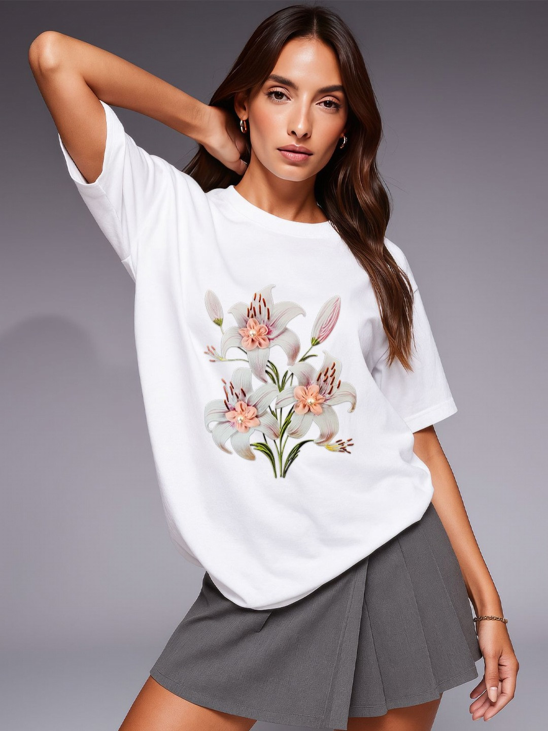 GRACE & JACK Women White Floral Lily Whisper 3D Lilies & Pearls T-shirt