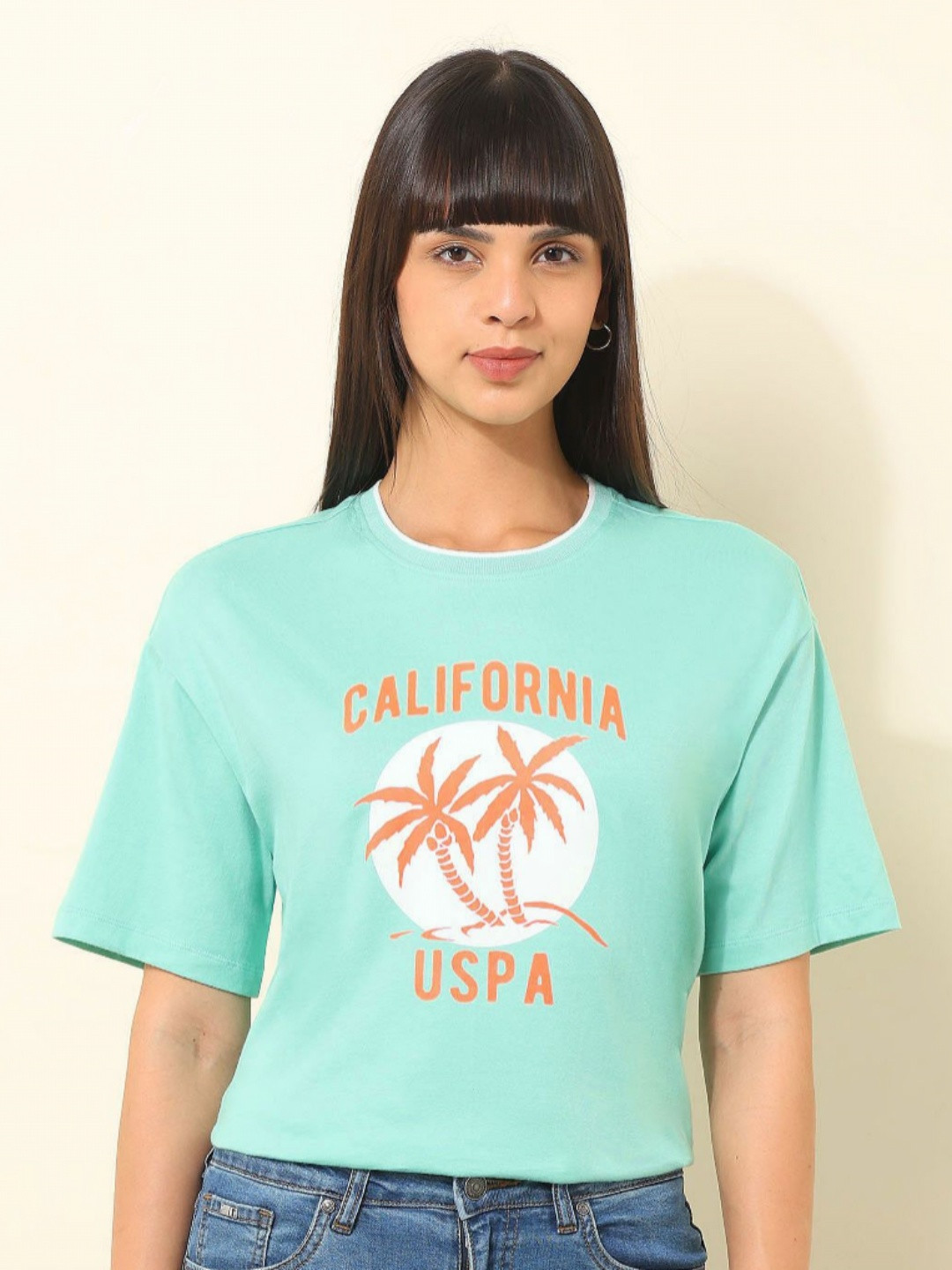 U.S. Polo Assn. Women Graphic Printed Oversized Boyfriend Fit Pure Cotton T-shirt