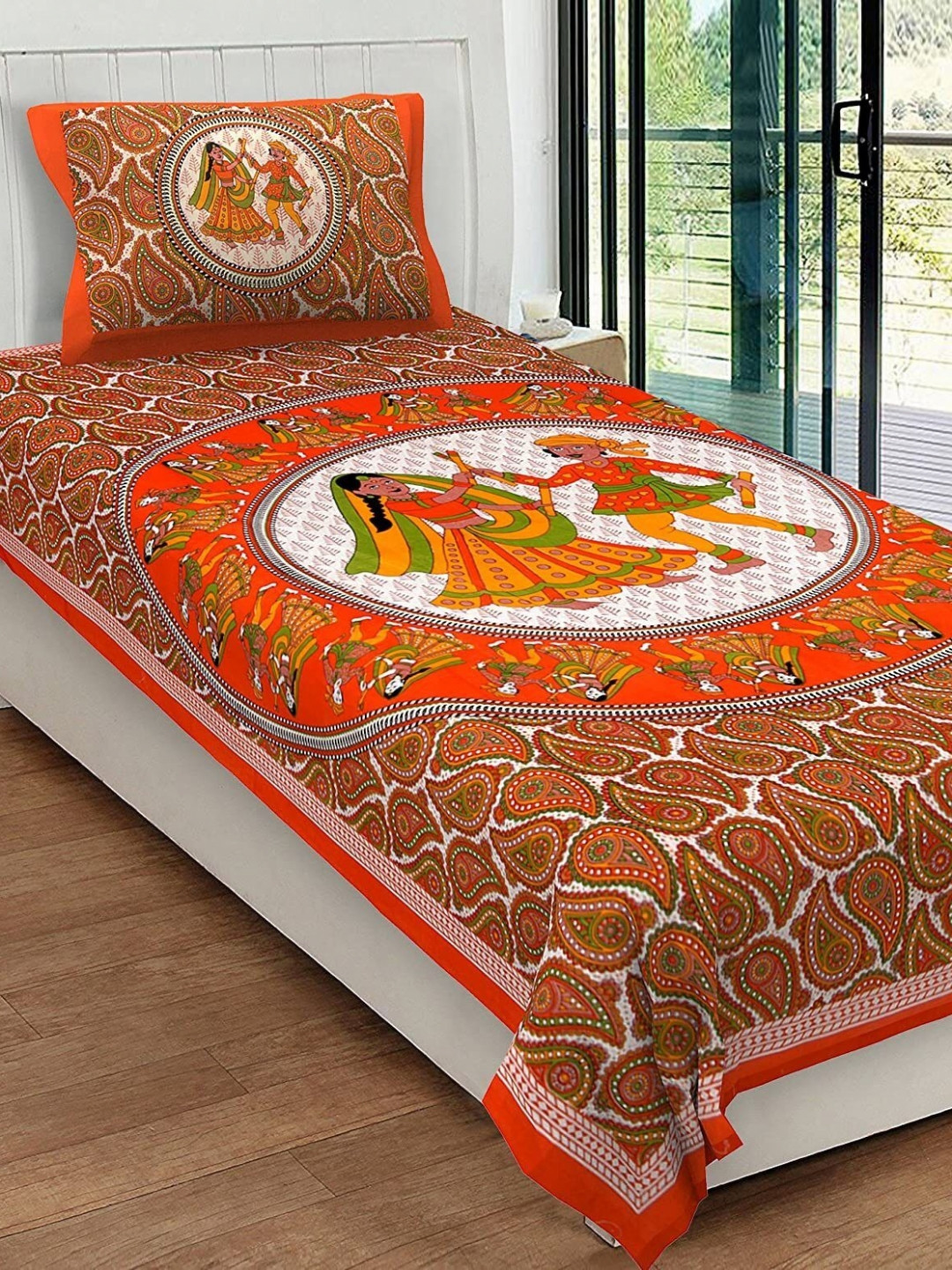 POORAK Celebrating India Orange Ethnic Motifs Cotton Breathable 104 TC Single Coarse Bedsheet with a Pillow Cover-229 x 160 cm