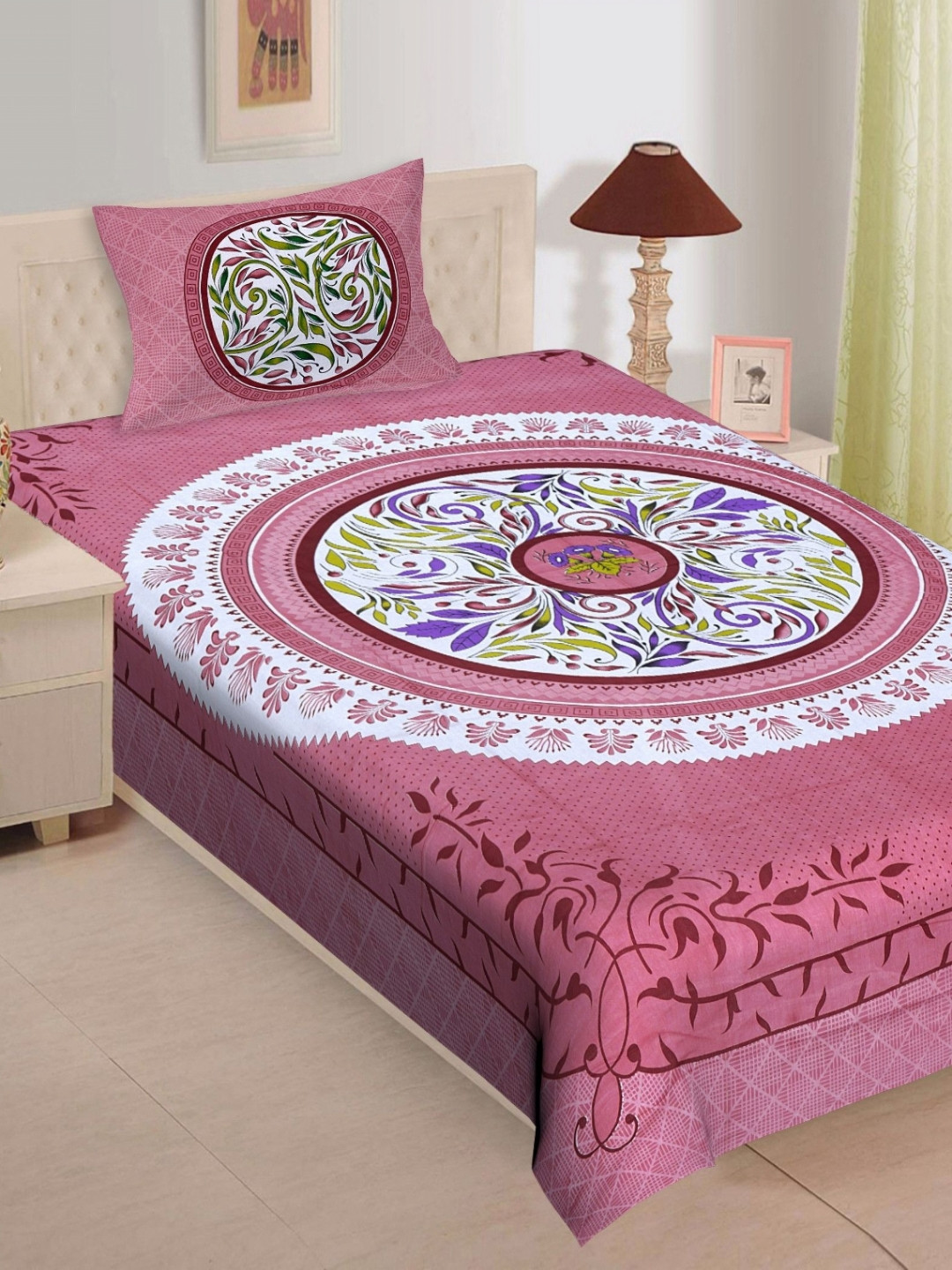 POORAK Book Fold Pink Ethnic Motifs Pure Cotton Breathable 104 TC Single Coarse Bedsheet with a Pillow Cover-63 x 90 inches