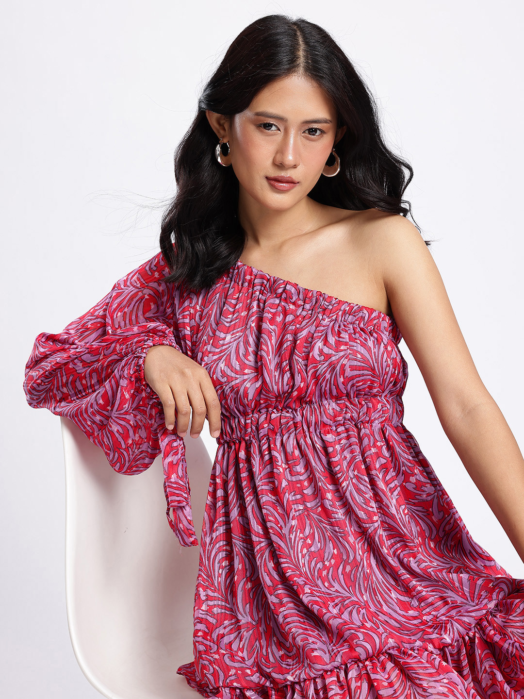 One-Shoulder Tropical Print Fit and Flare Dress