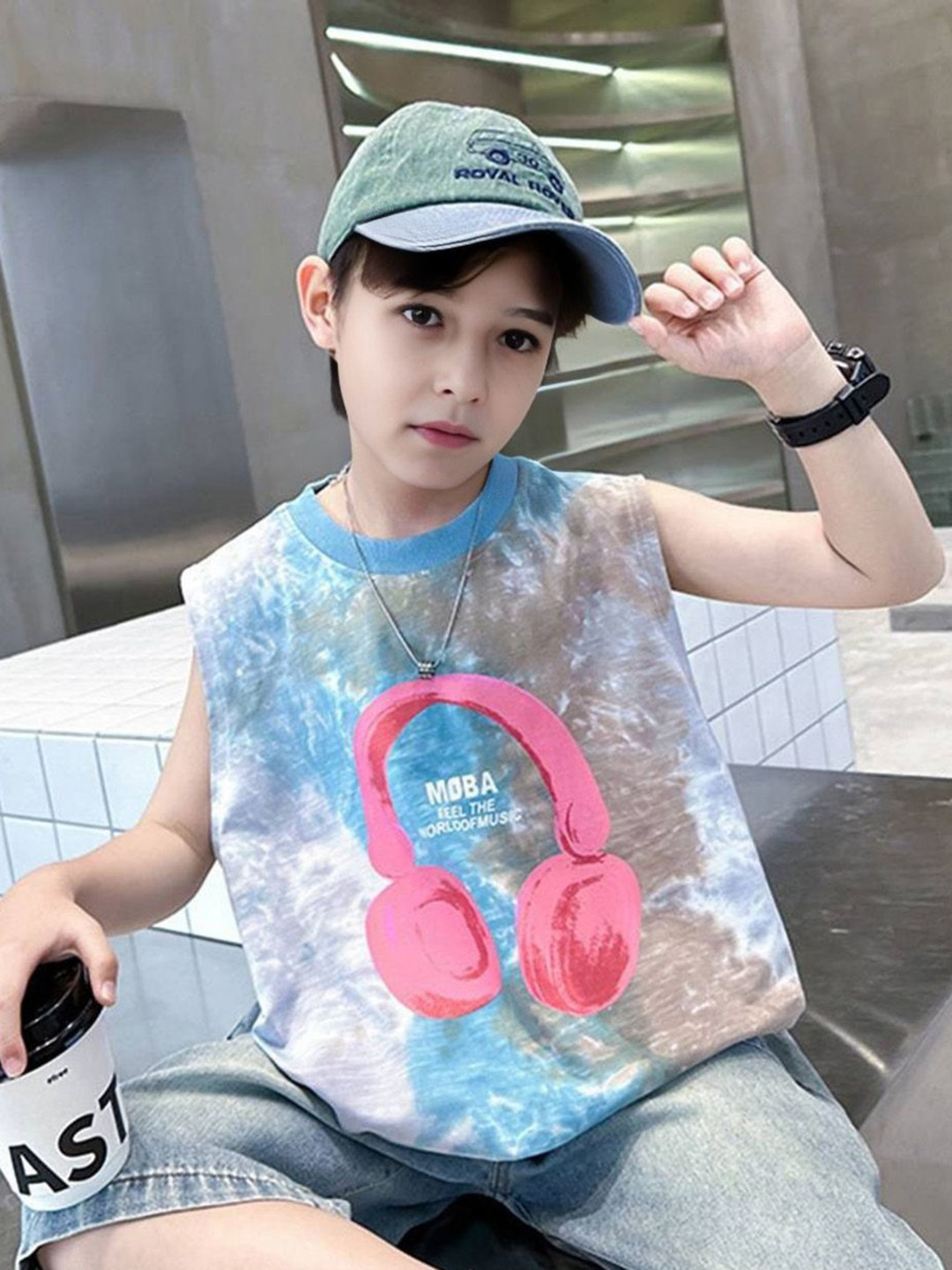 INCLUD Boys Headphone Graphic Printed Round Neck Sleeveless T-shirt