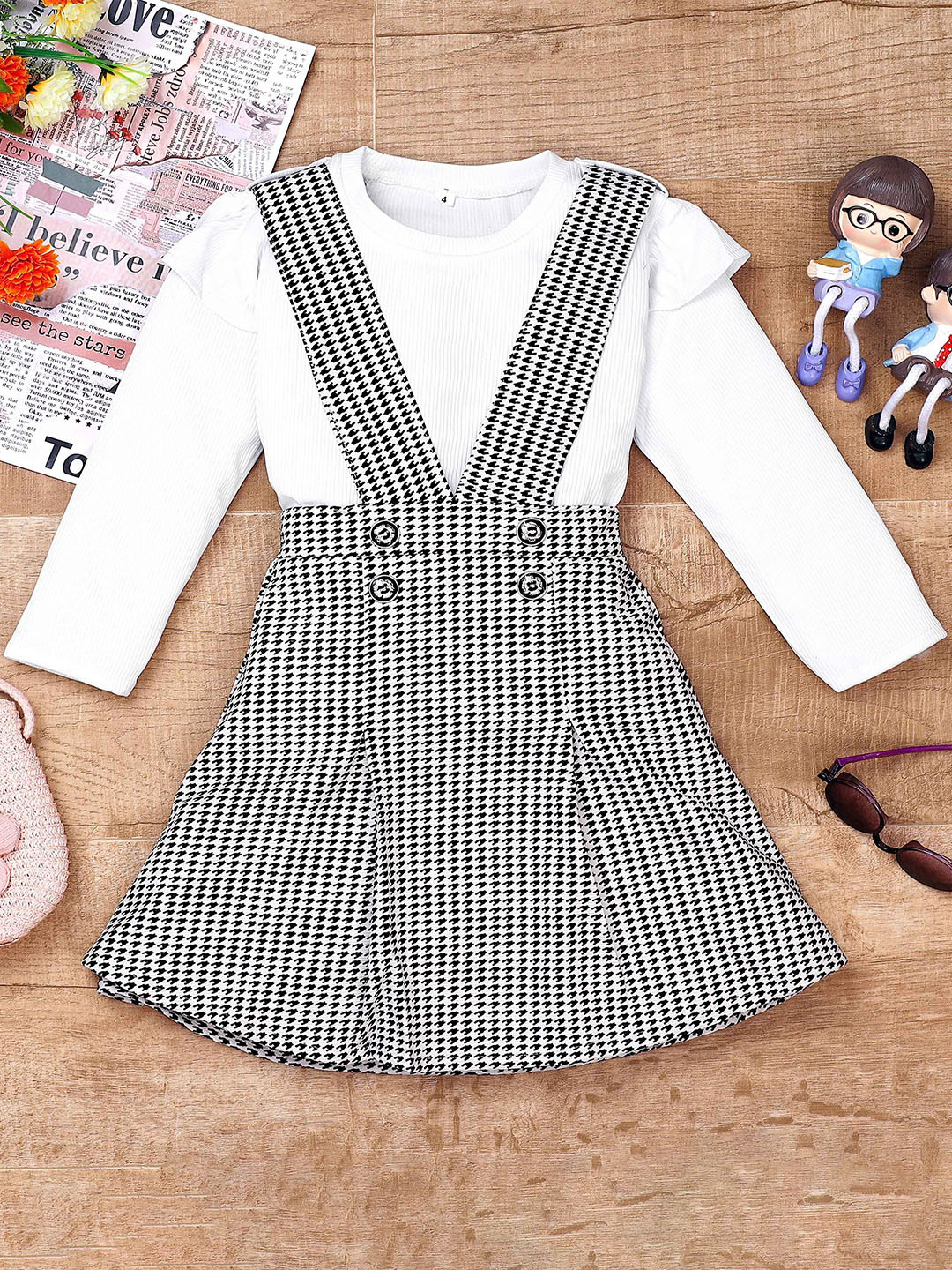 TOGEPI Girls Striped Top with Houndstooth Suspender Skirt