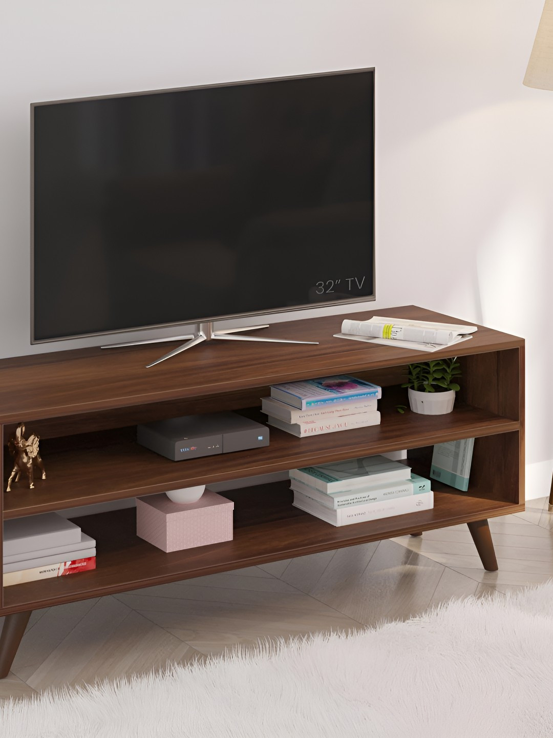 bluewud Brown Open Cabinets TV Entertainment Unit