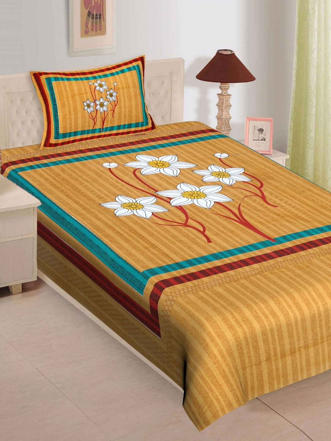 POORAK Yellow & White Jaipuri Print Printed 104 TC Single Bedsheet with 1 Pillow Cover