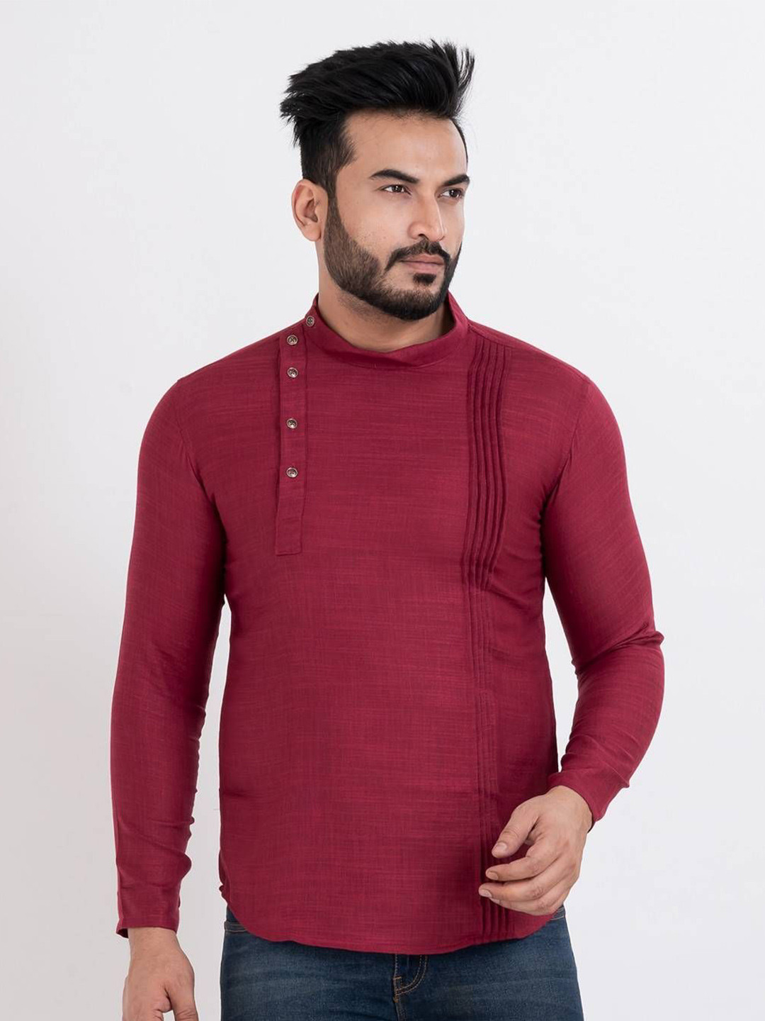 Sultan The King Of Kurta Band Collar Pleated Cotton Short Kurta
