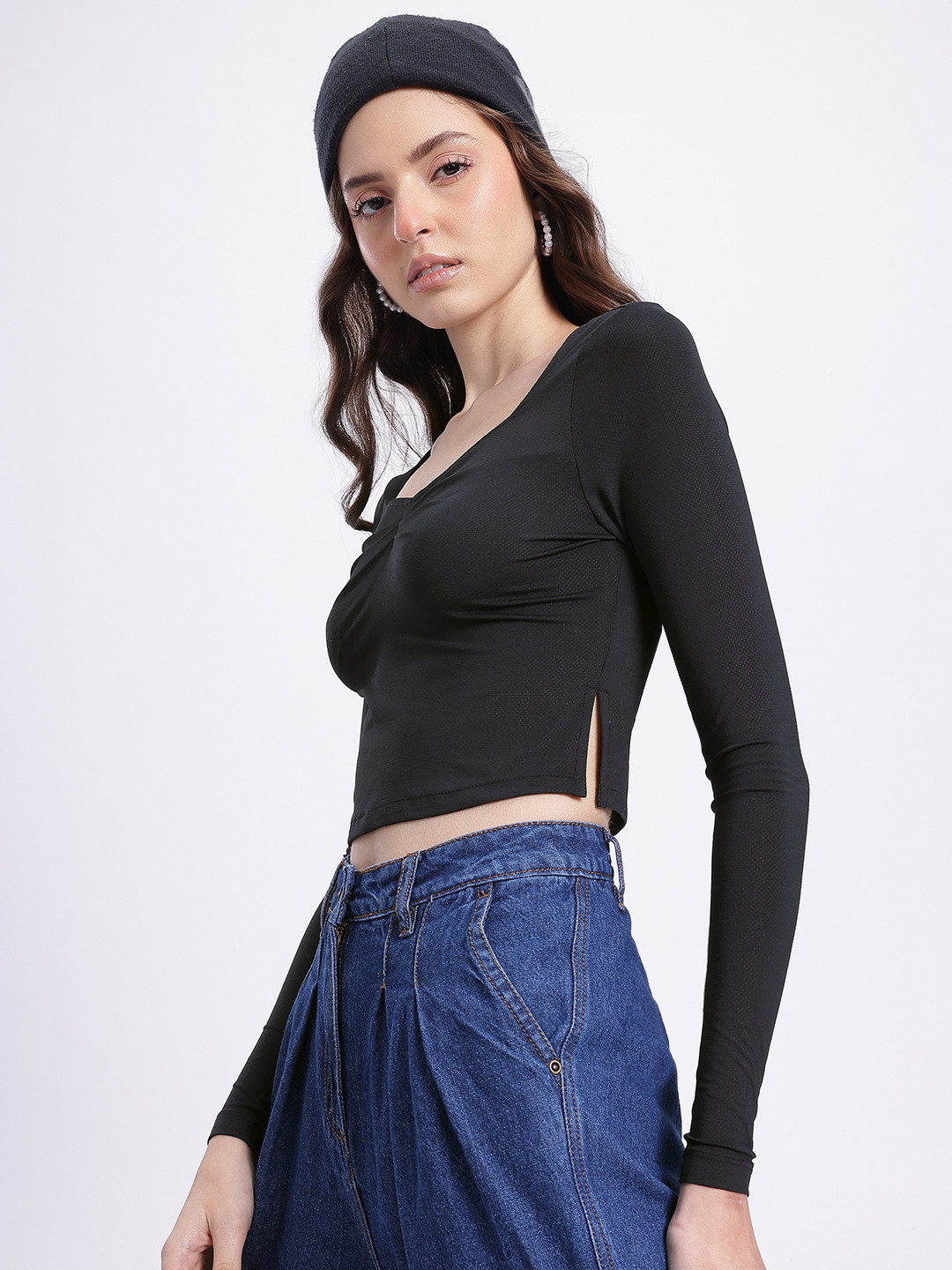 glitchez Slit Hem Ruched Cropped Top
