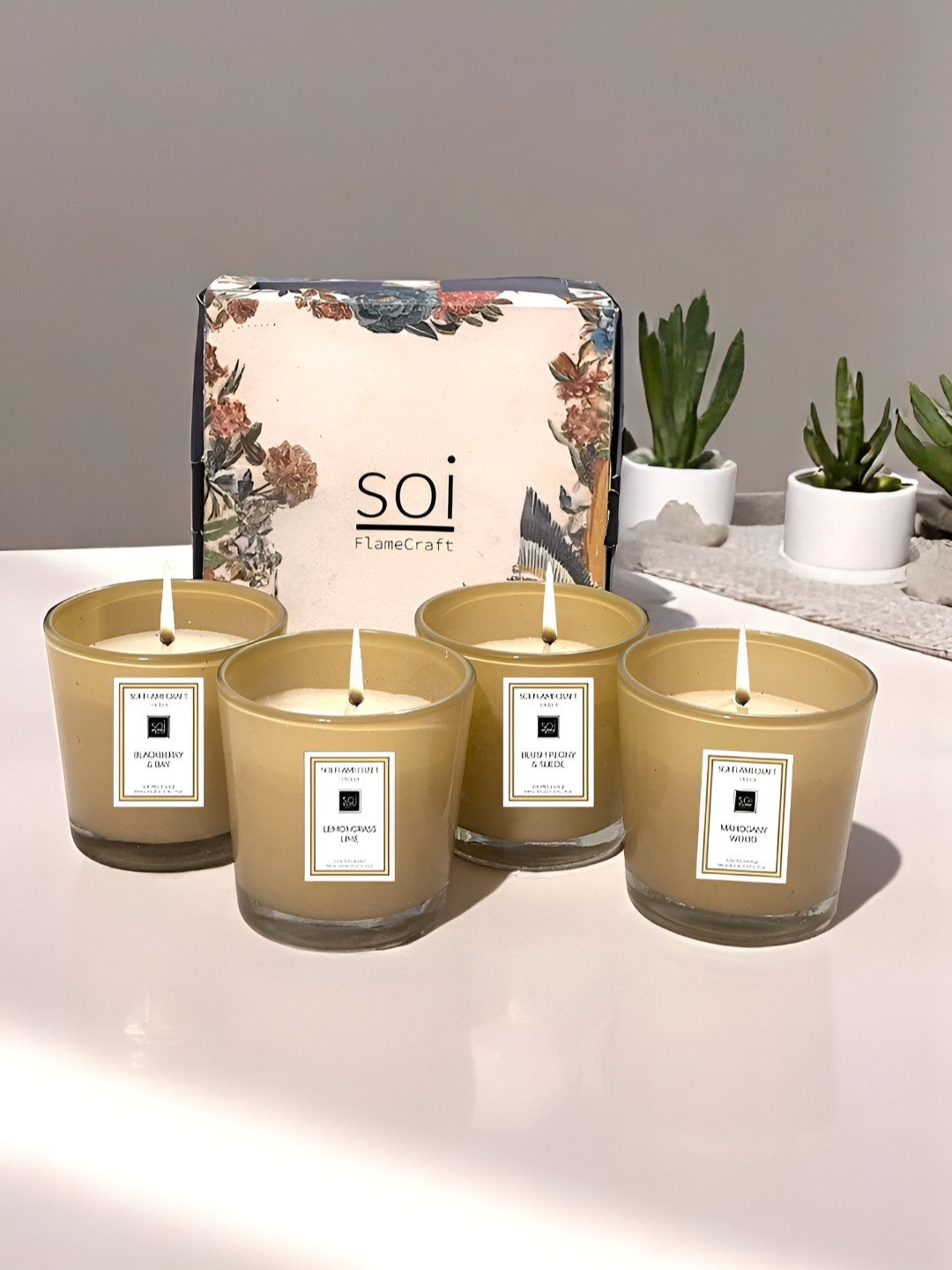 Soi FlameCraft shot glass scented For Gifting 4Pcs Blackberry & Bay, Lemongrass Lime, Blush Peony & Suede and Mahogany Woods Jar Candles