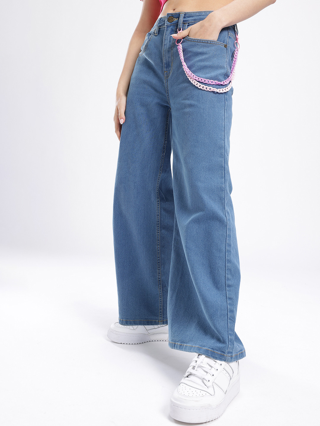 glitchez Women Wide Leg Stretchable Jeans with Chain