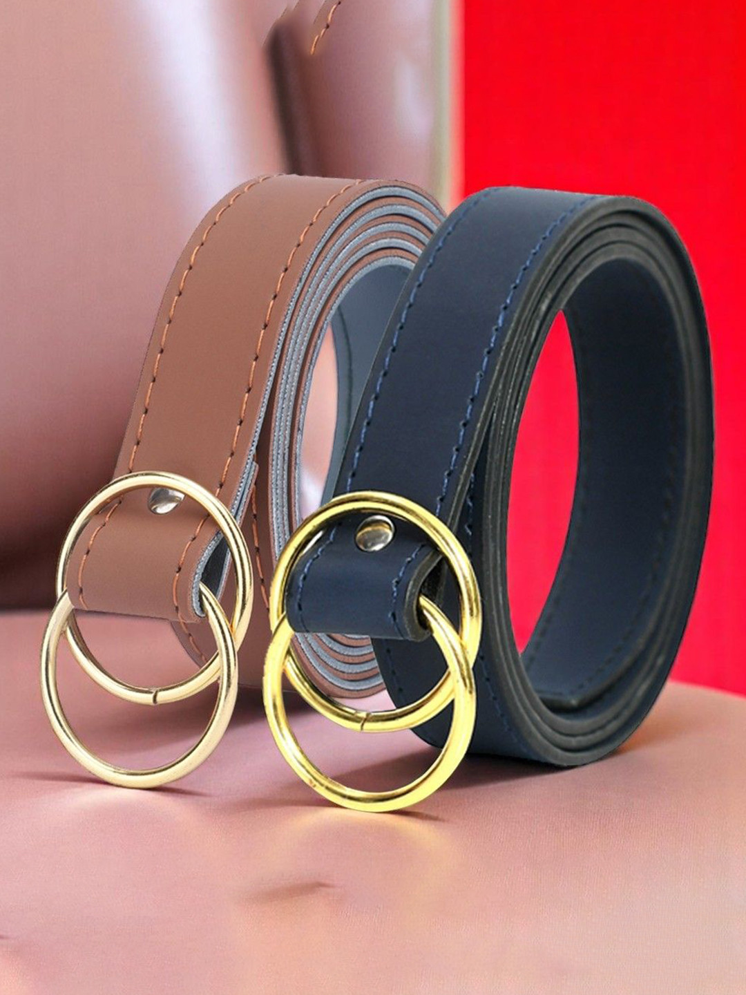 DressBerry Women Pack of 2 Formal Tan & Blue Solid D-Ring Closure Belt