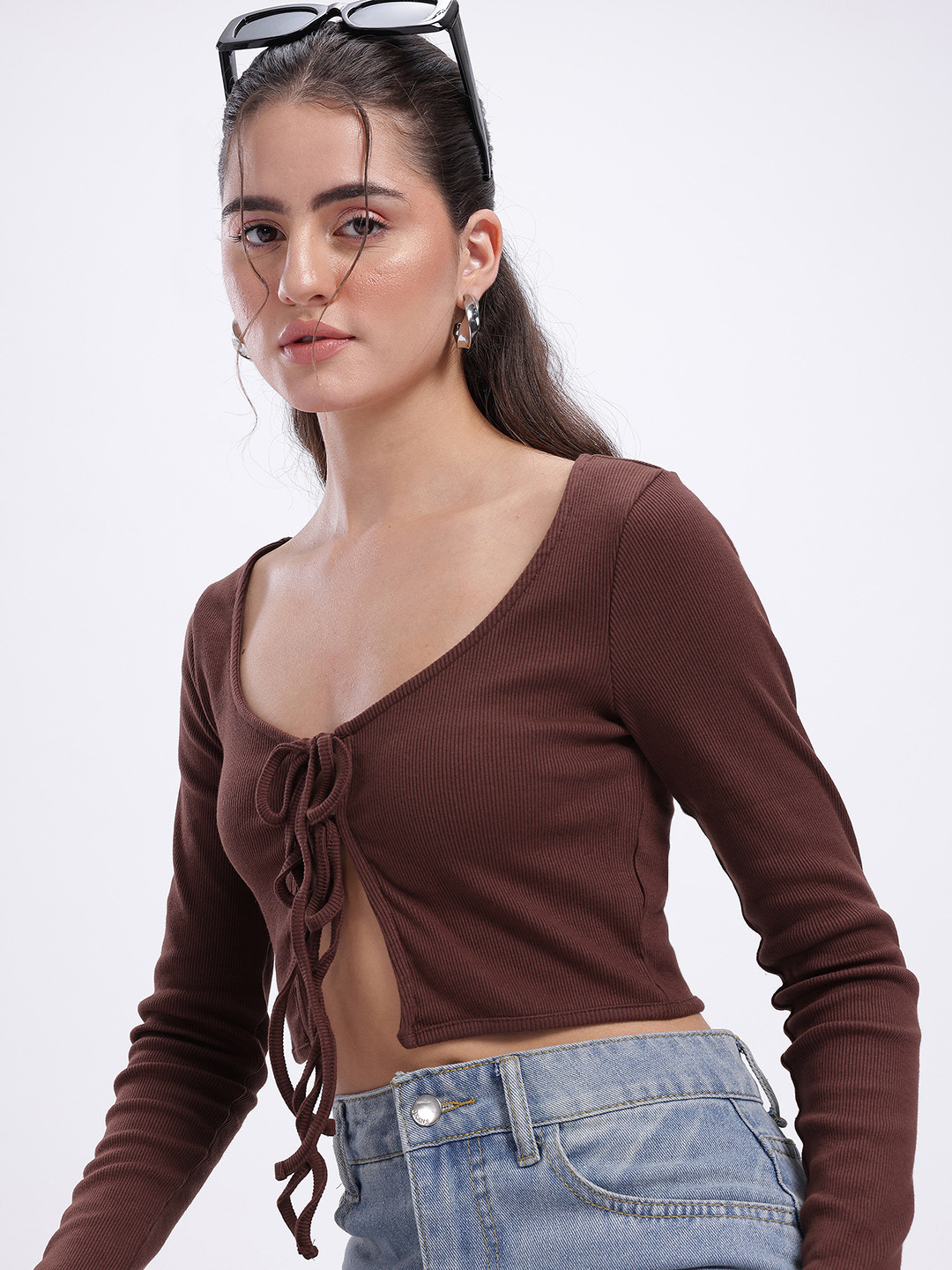 Sweet Tie-Ups Ribbed Crop Top with Scoop Neck