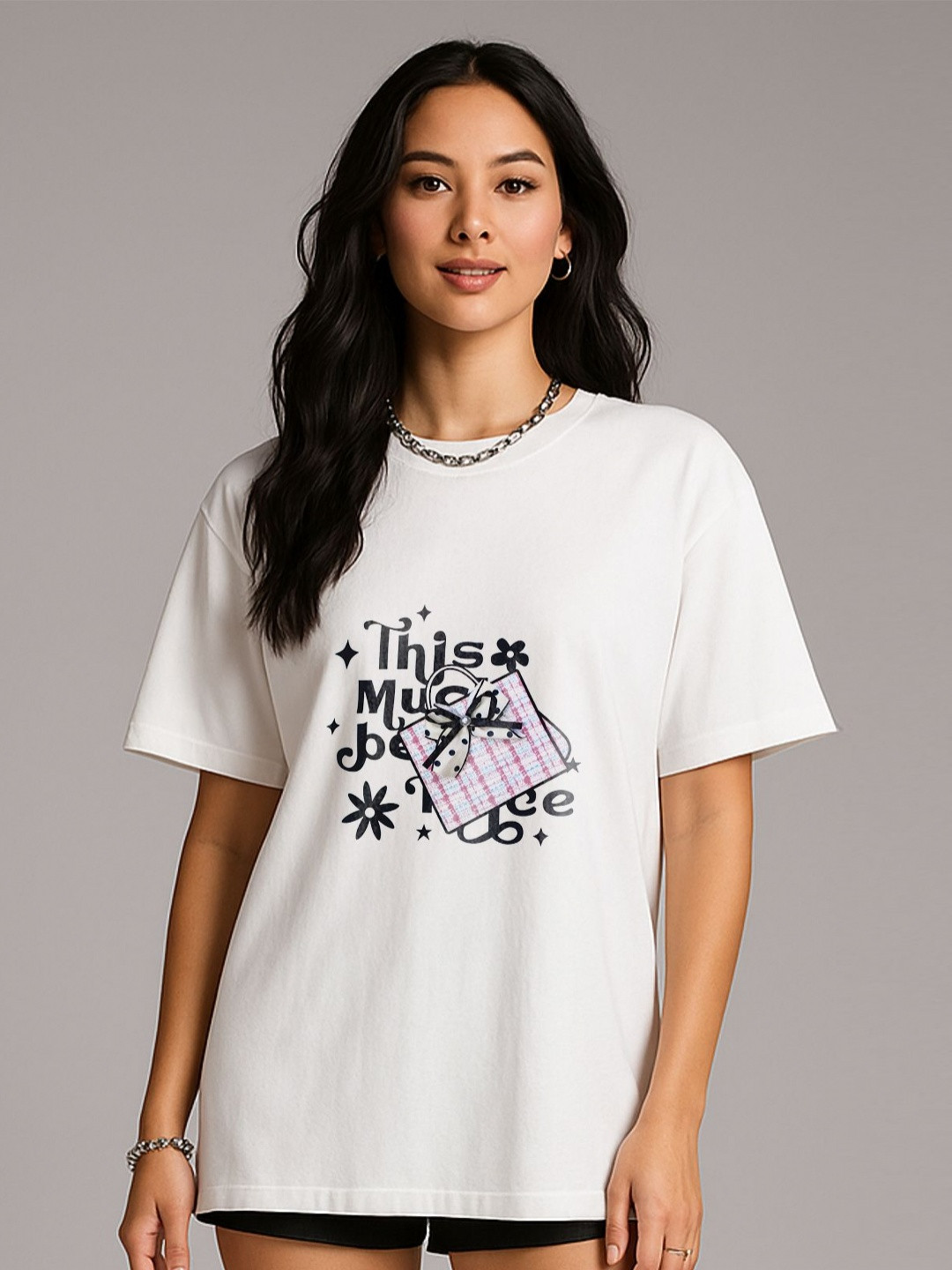 GRACE & JACK Gift Box Graphic Printed Oversized Cotton Ribbon Tie T-shirt Silk