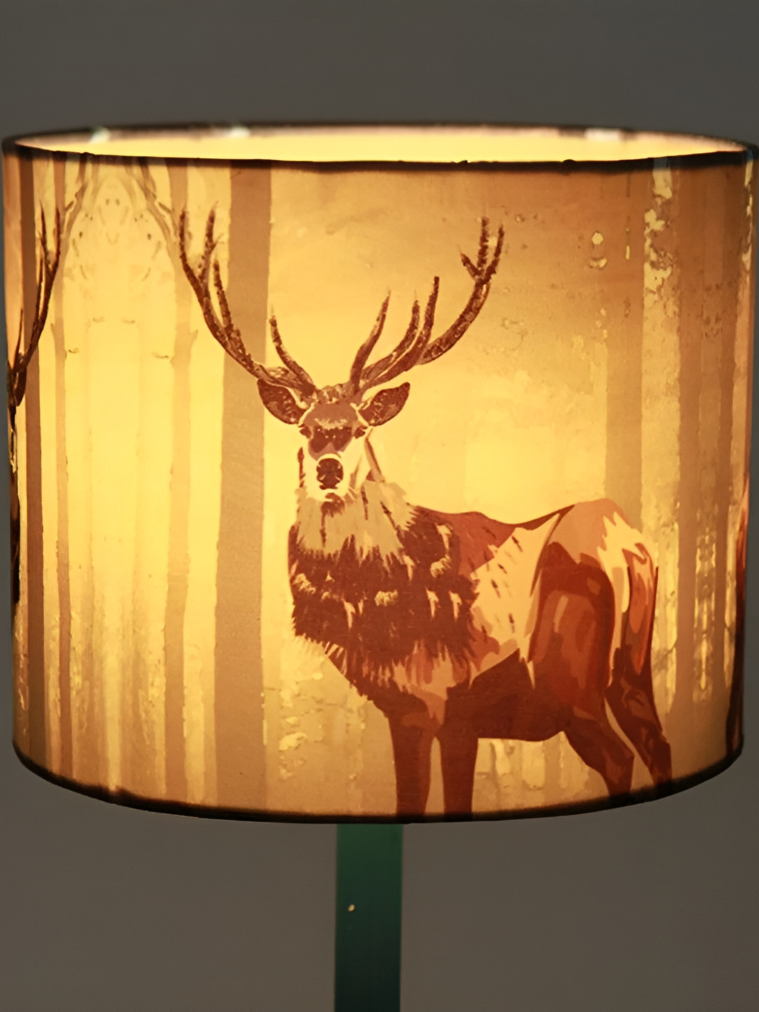 Pinecraft INTERNATIONAL Brown Deer Printed Cylindrical Silk Shaped Wooden Table Lamp