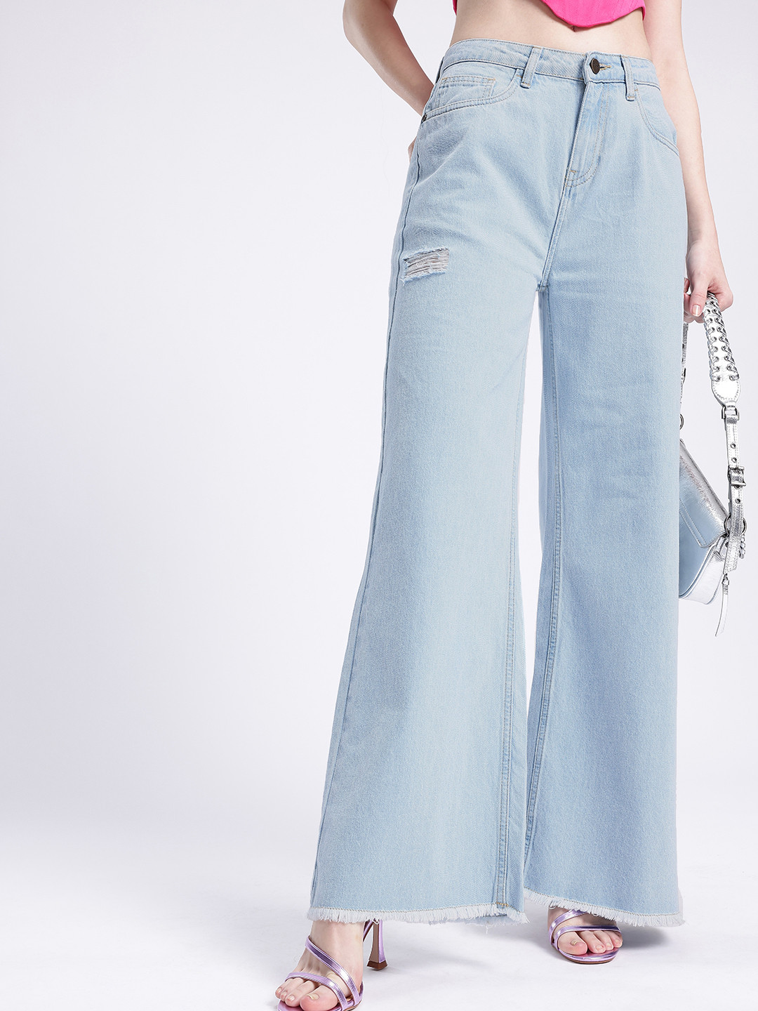 glitchez Women Baggy Wide Leg High-Rise Ripped Frayed Jeans