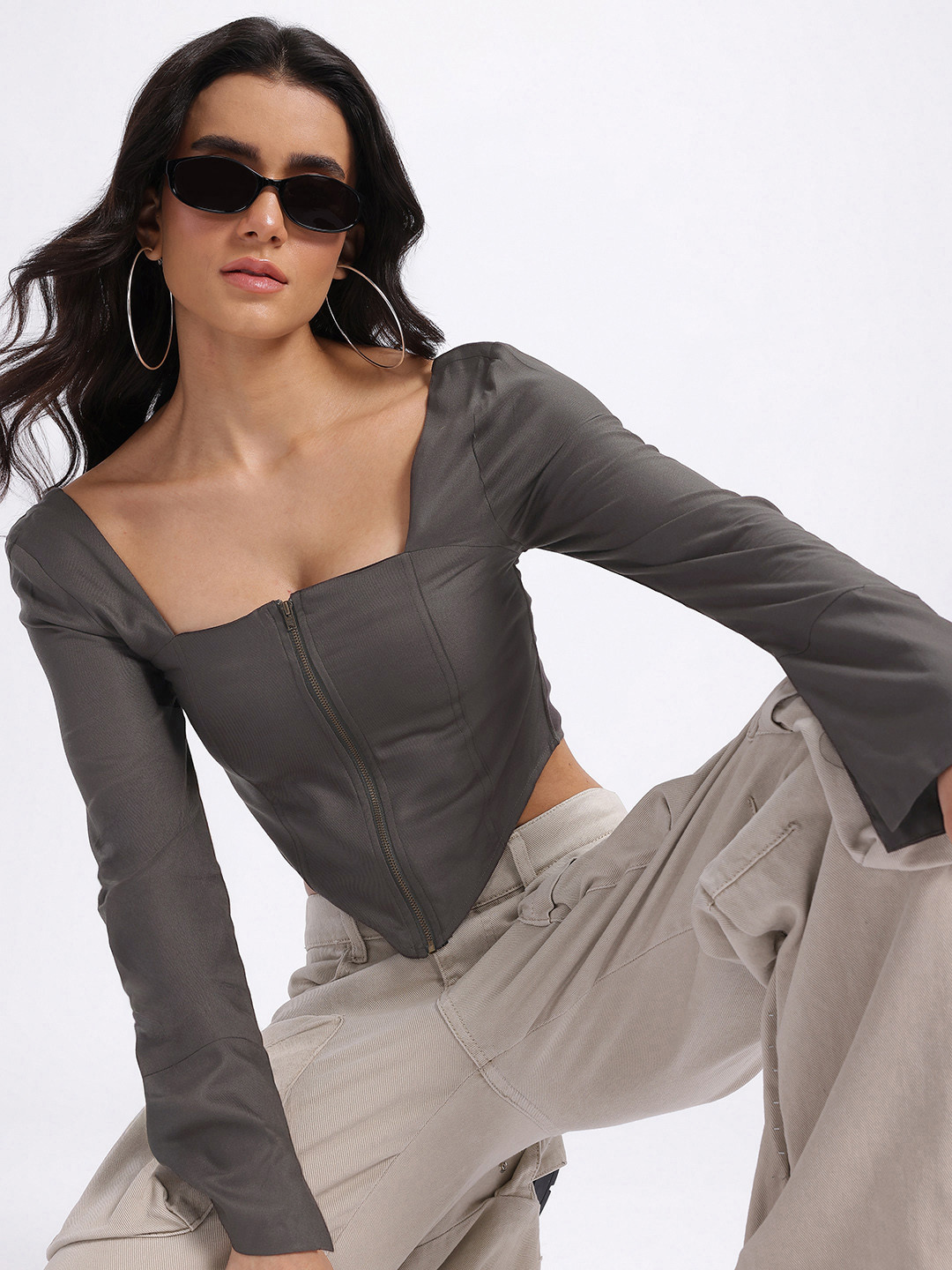 glitchez Flared Sleeve Zipper Corset Crop Top