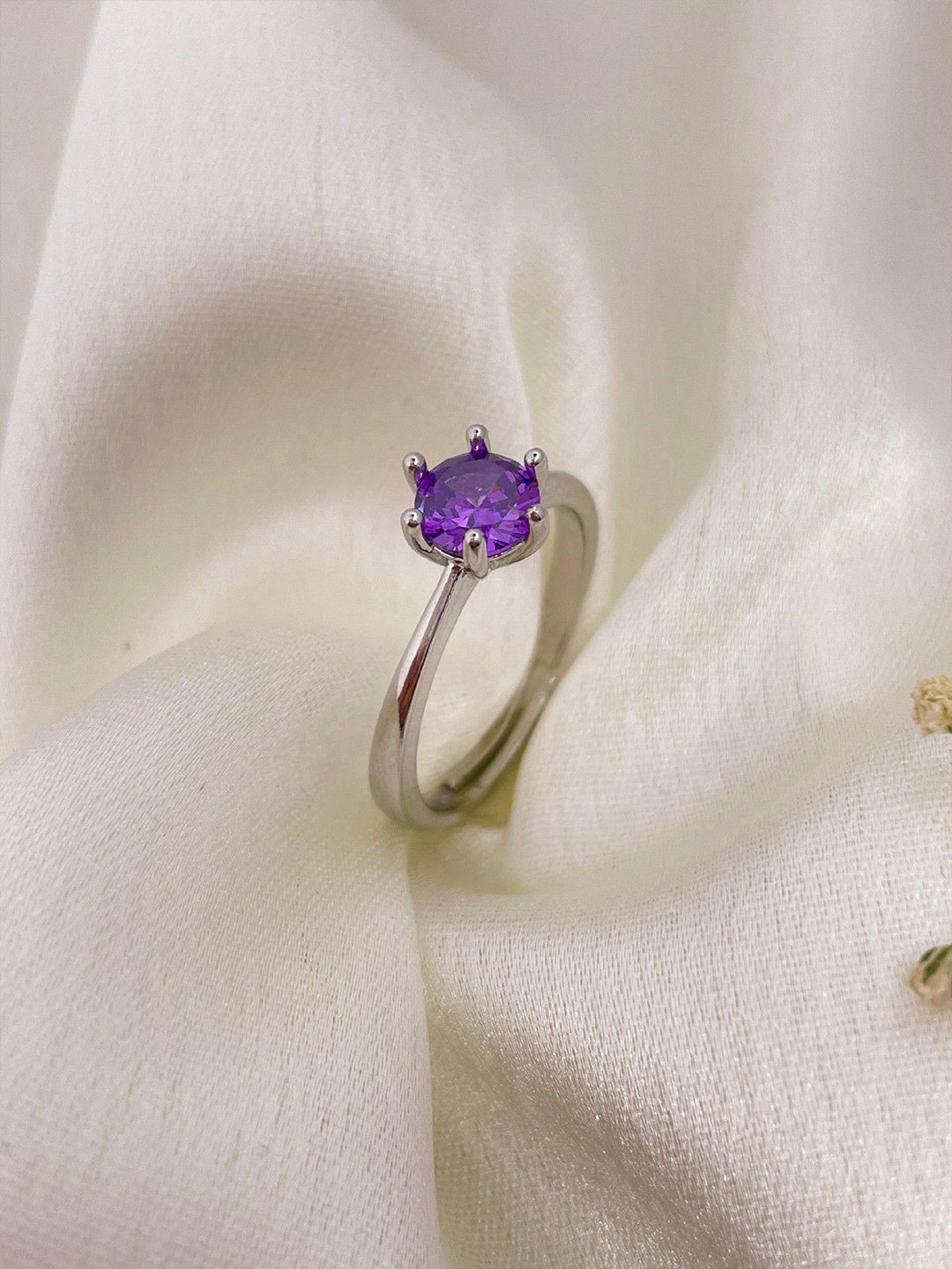 ISHKAARA Rhodium-Plated Purple Round Spark Crystal Finger Ring