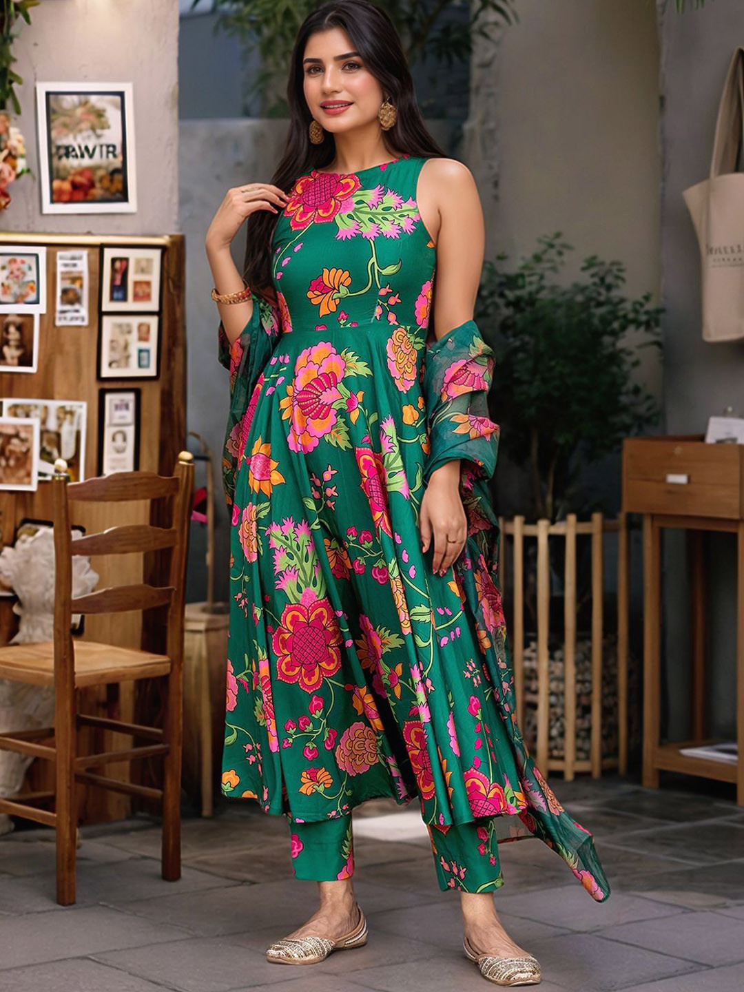 KALINI Women Green Rayon Blend Printed Anarkali Kurta Suit With Dupatta