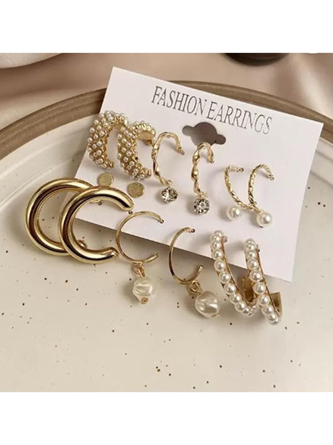 Balasundri Set Of 9 Gold-Plated Artificial beaded Contemporary Shaped Hoop Earrings
