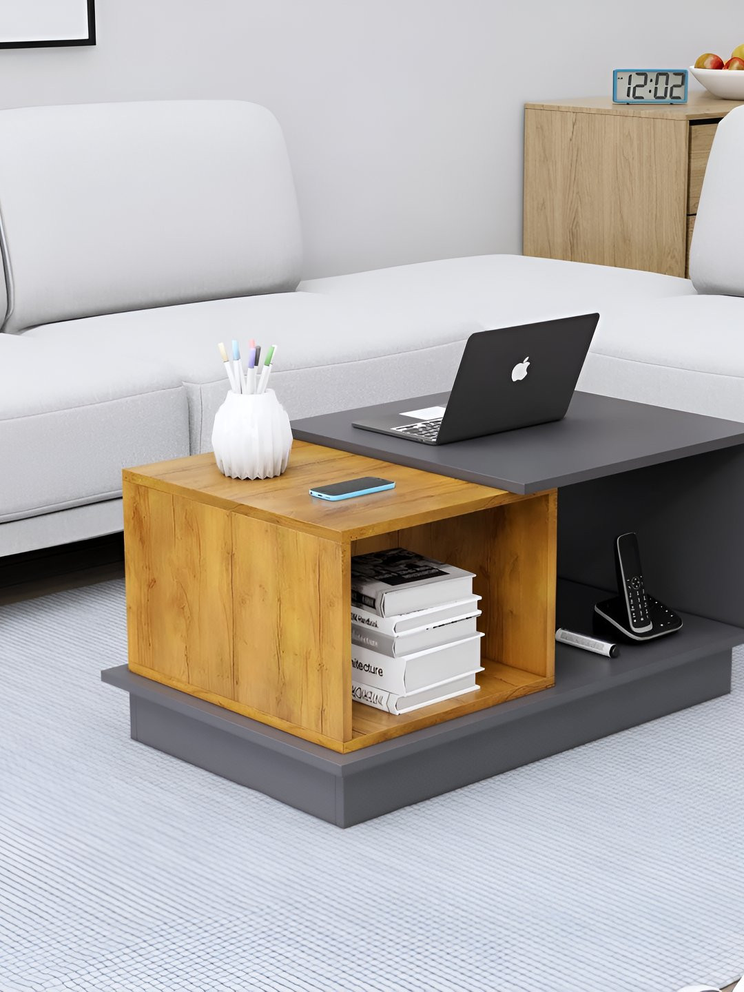 HEXA RED Brown & Grey Textured Wooden Rectangle Coffee Table