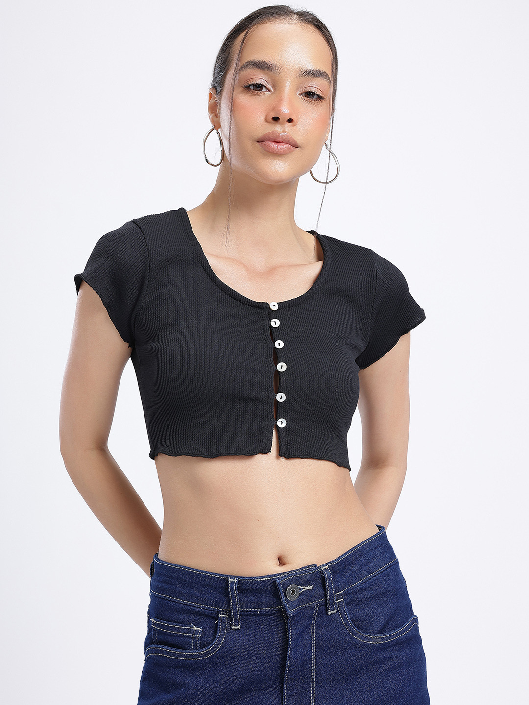 glitchez Perfectly Chic Ribbed Scoop Neck Crop Top
