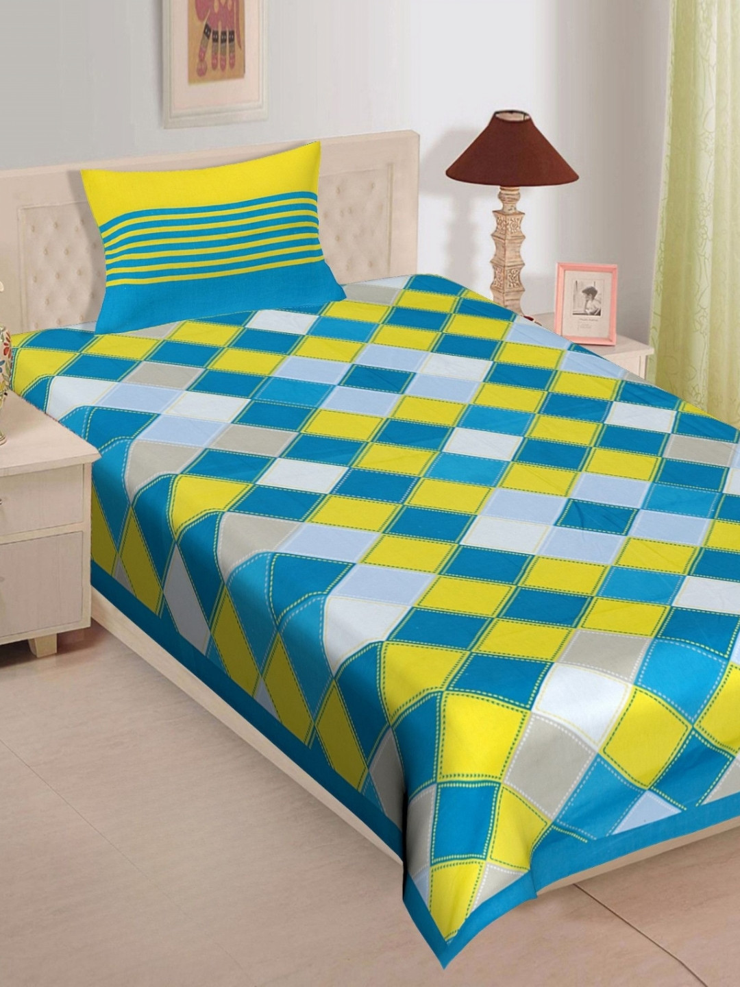 POORAK Loroco Blue Geometric Cotton Breathable 104 TC Single Coarse Bedsheet with a Pillow Cover-63 x 90 inches