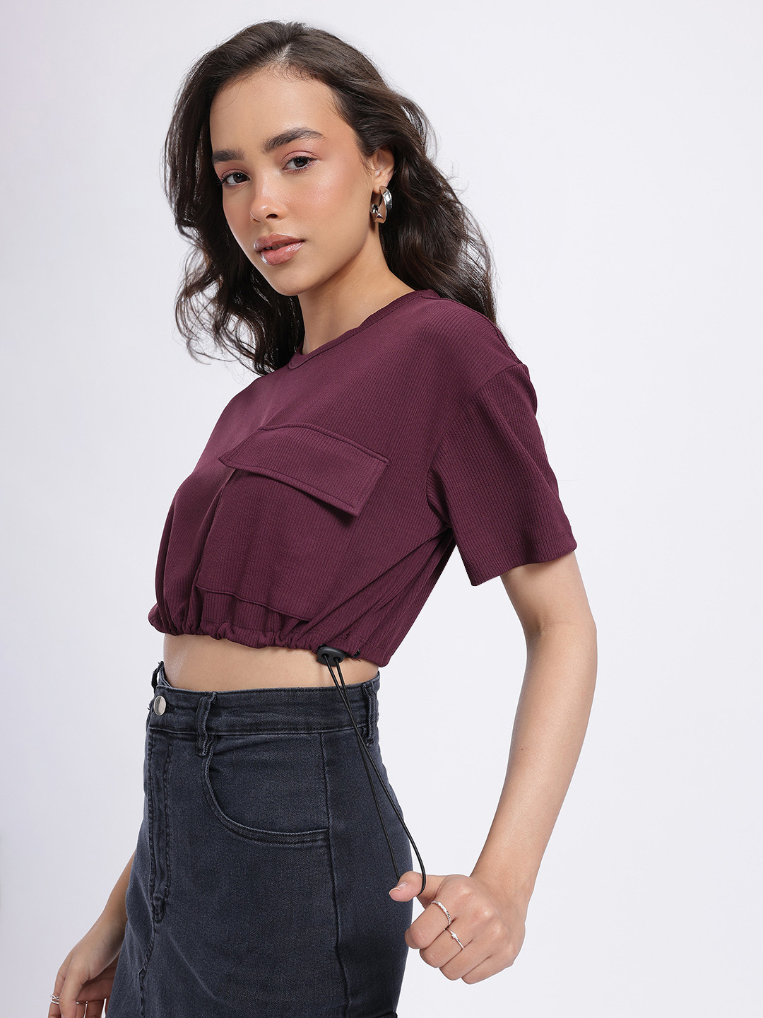 Burgundy Boxy Utility Ribbed Crop Top