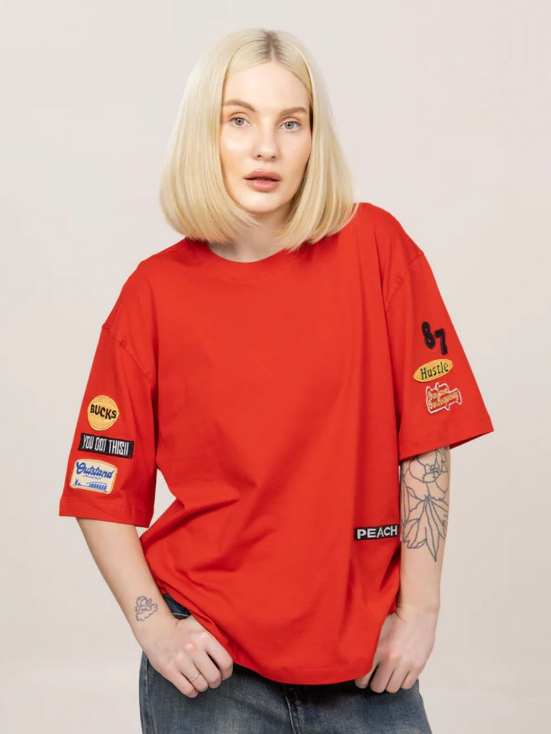 Peach Graphic Printed Bio Finish Round Neck Oversized T-shirt