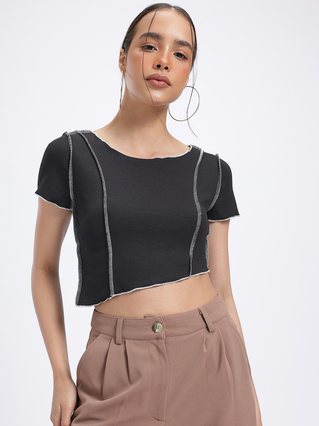 glitchez Asymmetric Hem Ribbed Crop Top