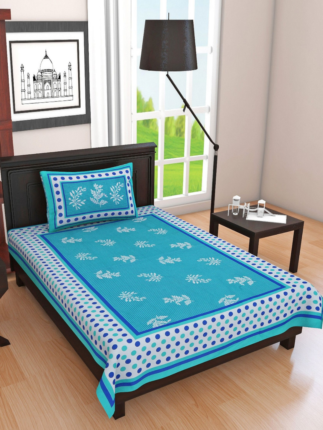 POORAK Teal & White Jaipuri Print 104 TC Single Bedsheet with 1 Pillow Covers