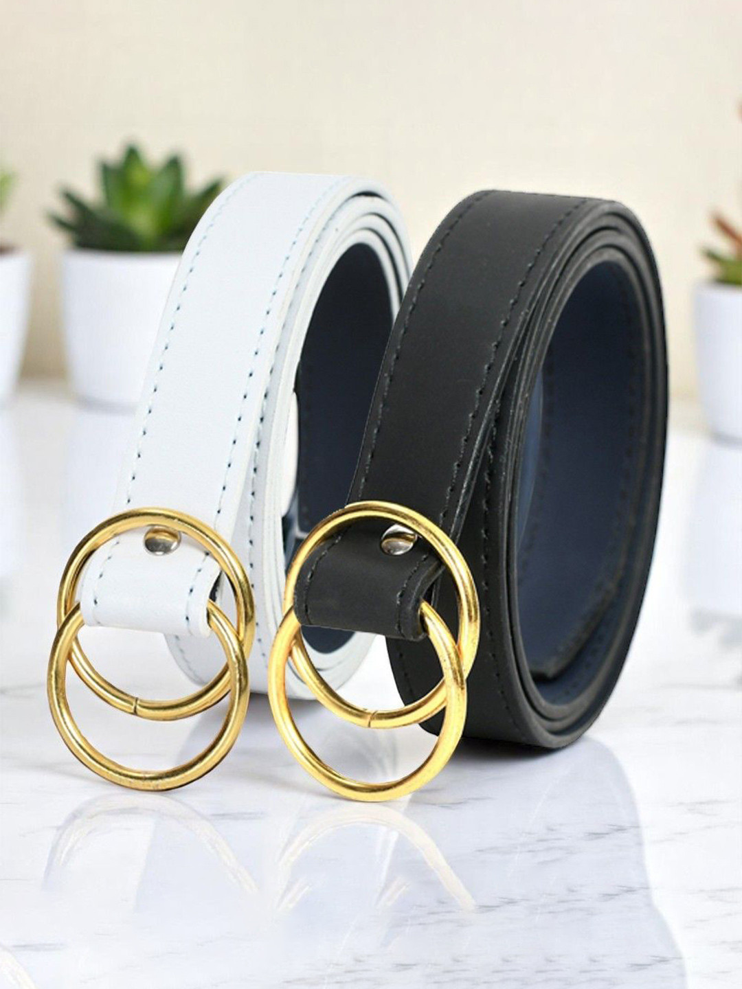 DressBerry Women Pack of 2 Black & White Solid D-Ring Closure Formal Belt