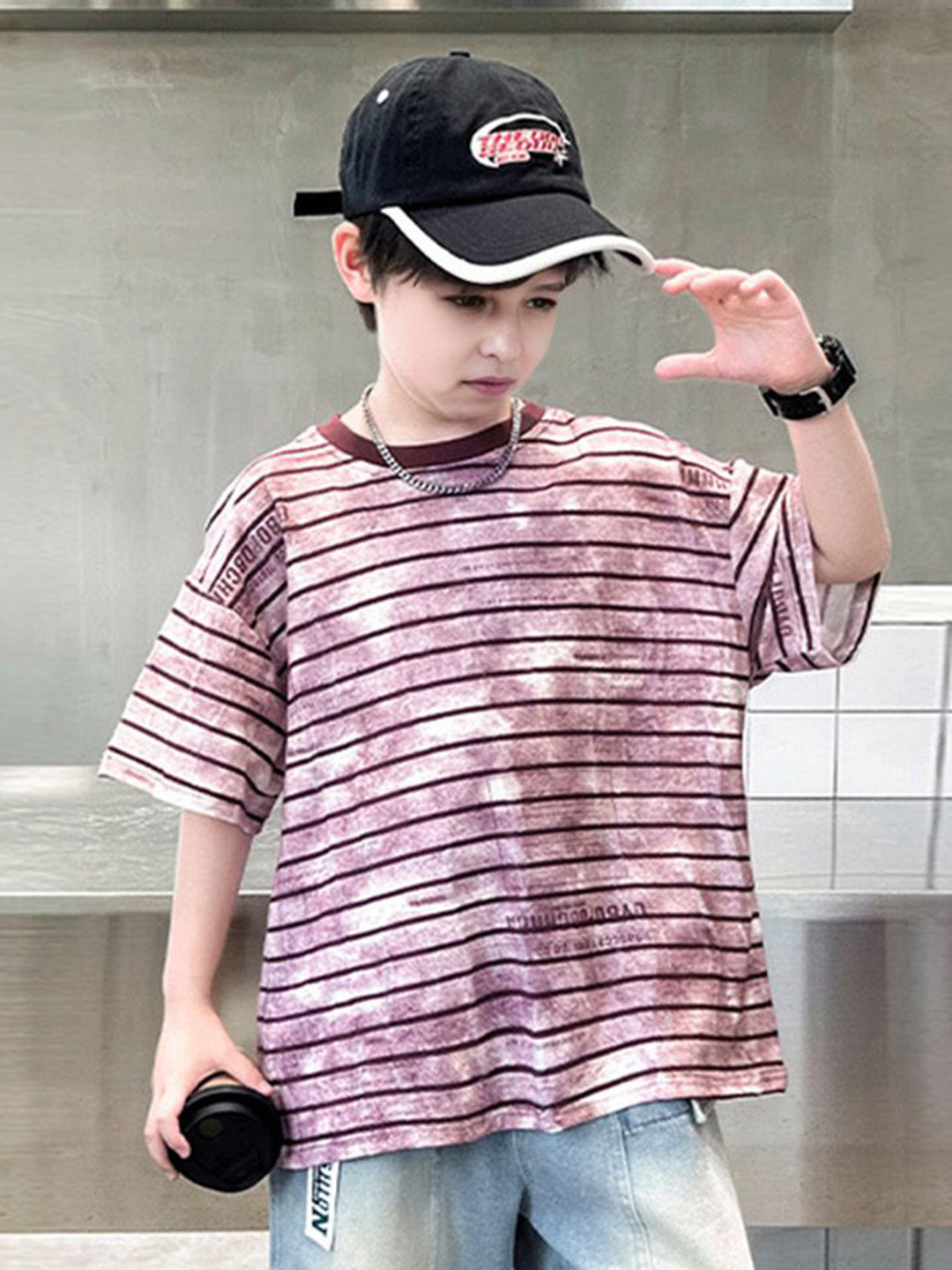 INCLUD Boys Striped Round Neck Raglan Sleeves Multi or Variegate Stripes Oversized T-Shirt