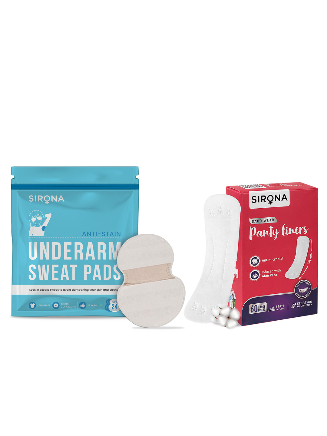 Sirona Set of Daily Wear Panty Liners - 60 Large Liners & Under Arm Sweat Pads - 24 Pads