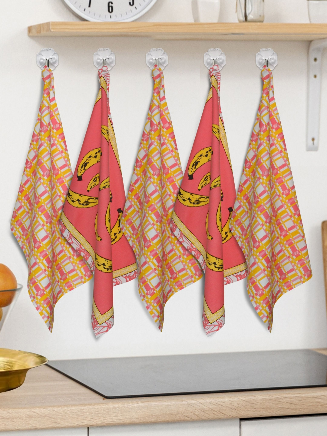 HOME COLORS.IN 5Pcs Red & White Printed Cotton Kitchen Towels