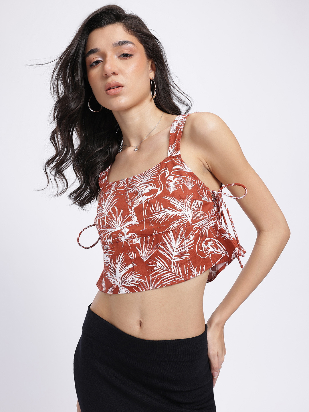 Rust Orange Tropical Print Square Neck Crop Top