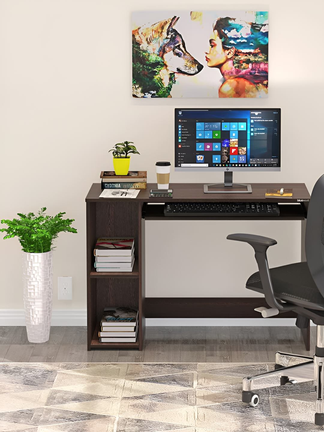 bluewud Brown Engineered Wood Storage Shelves Study & Computer Table