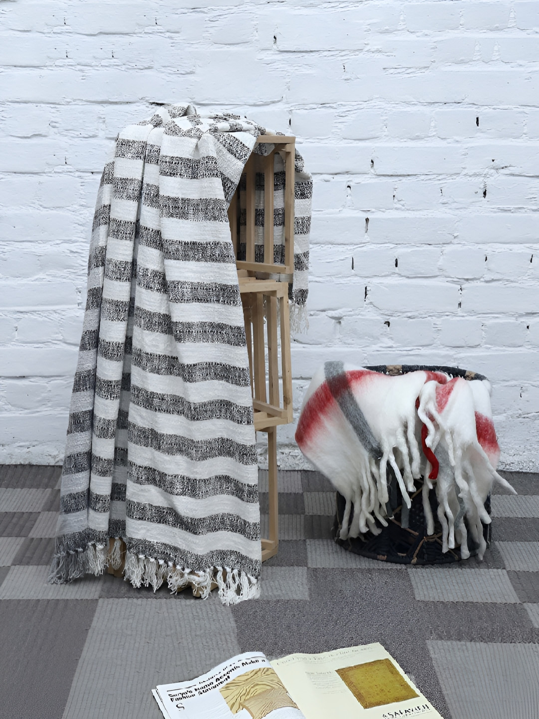 Weave Abode Grey Melange & White Pure Cotton Striped Fringed Throws