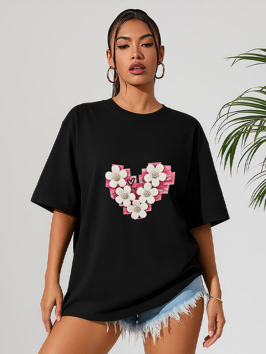 GRACE & JACK Women Black Love in Bloom 3D Heart & Pearls T-shirt